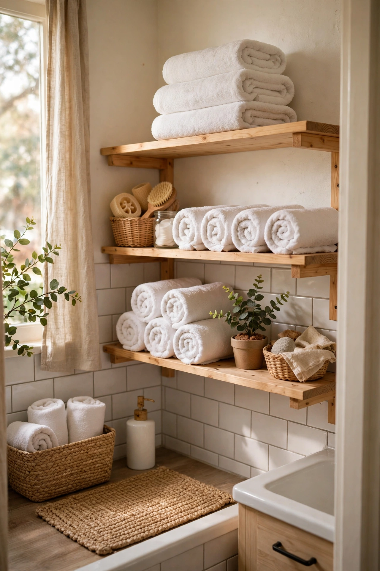 Roll Towels Spa-Style on Open Shelves in a cozy budget bathroom with soft natural light