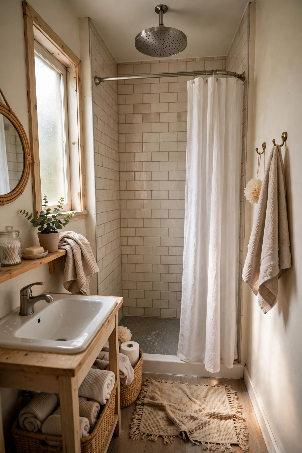 Change the Showerhead to Rainfall Style in a cozy budget bathroom with soft natural light