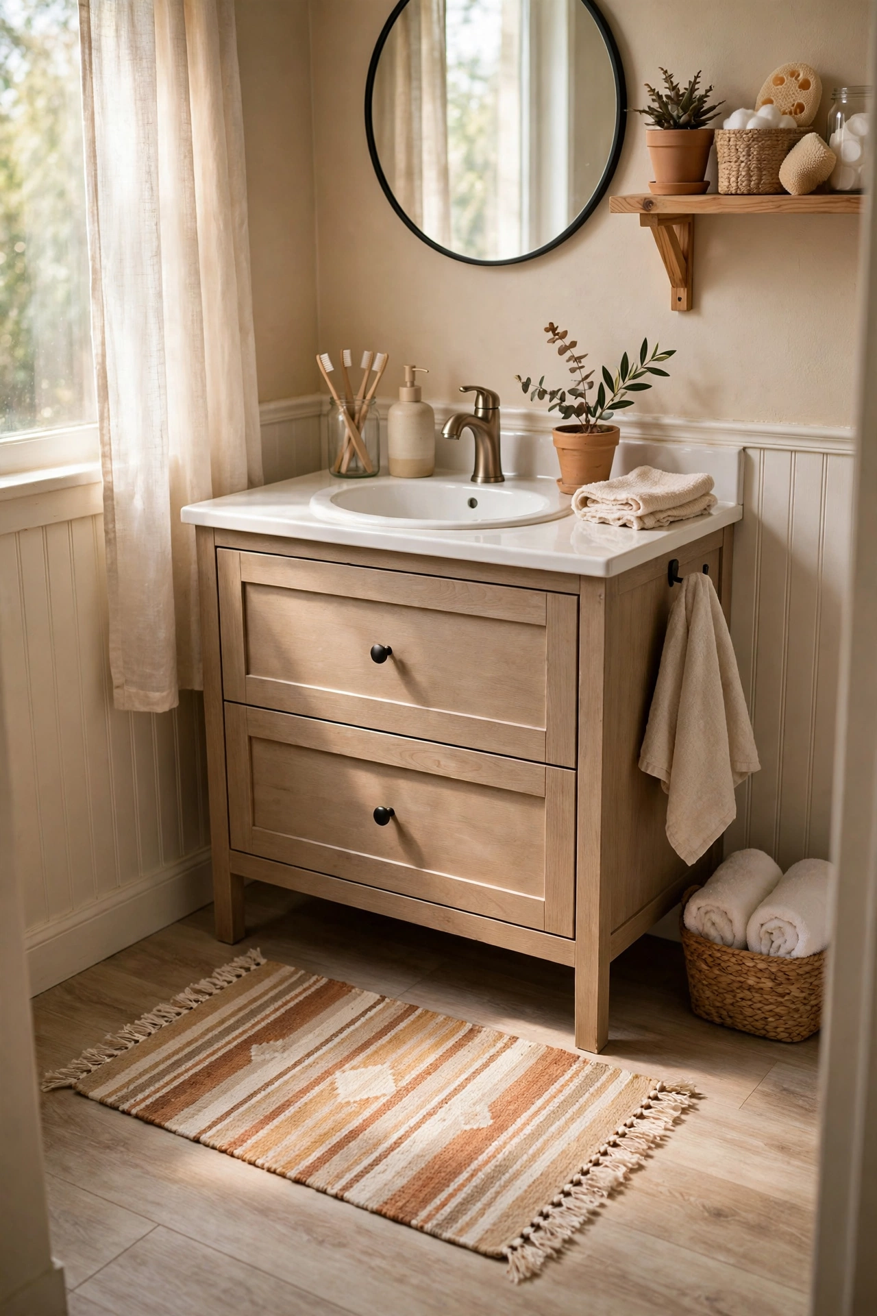 A Small Rug Runner Along the Vanity in a cozy budget bathroom with soft natural light