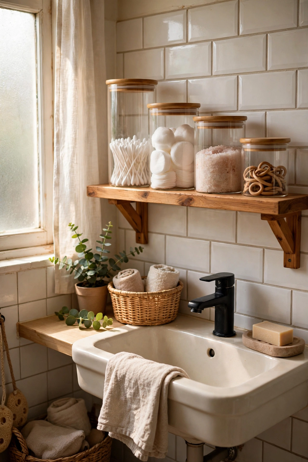 Swap Plastic for Glass Storage Jars in a cozy budget bathroom with soft natural light