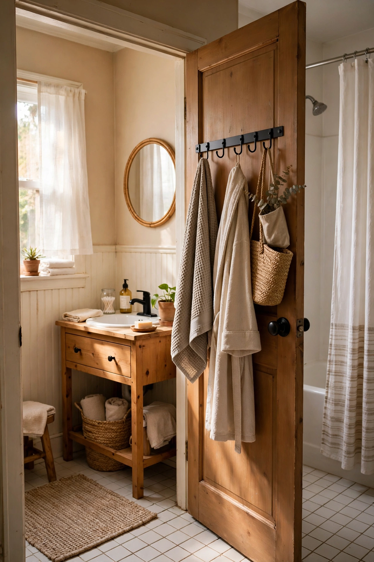 Add a Hook Rail Behind the Door in a cozy budget bathroom with soft natural light