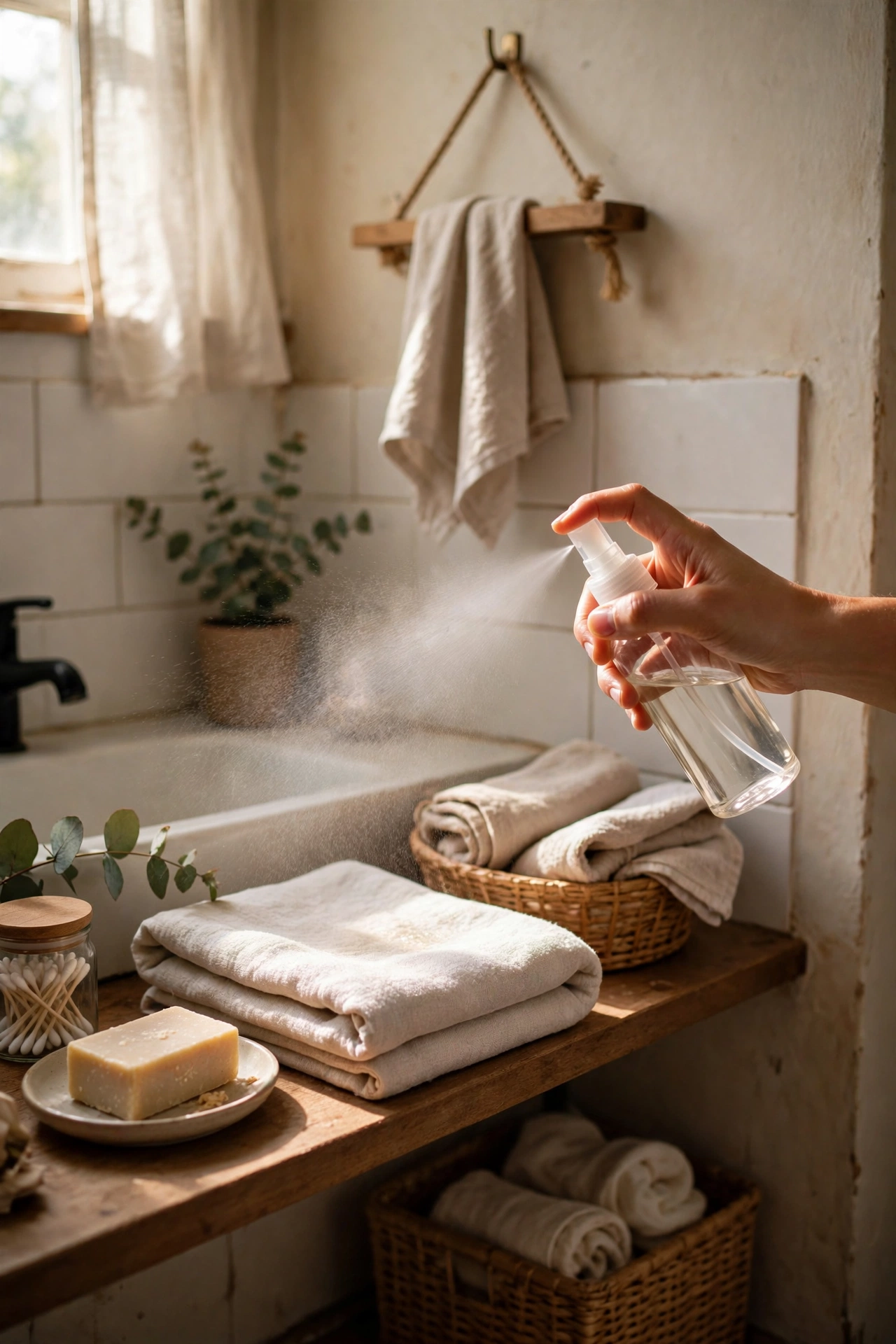 Finish With a Fresh Linen Spray Ritual in a cozy budget bathroom with soft natural light