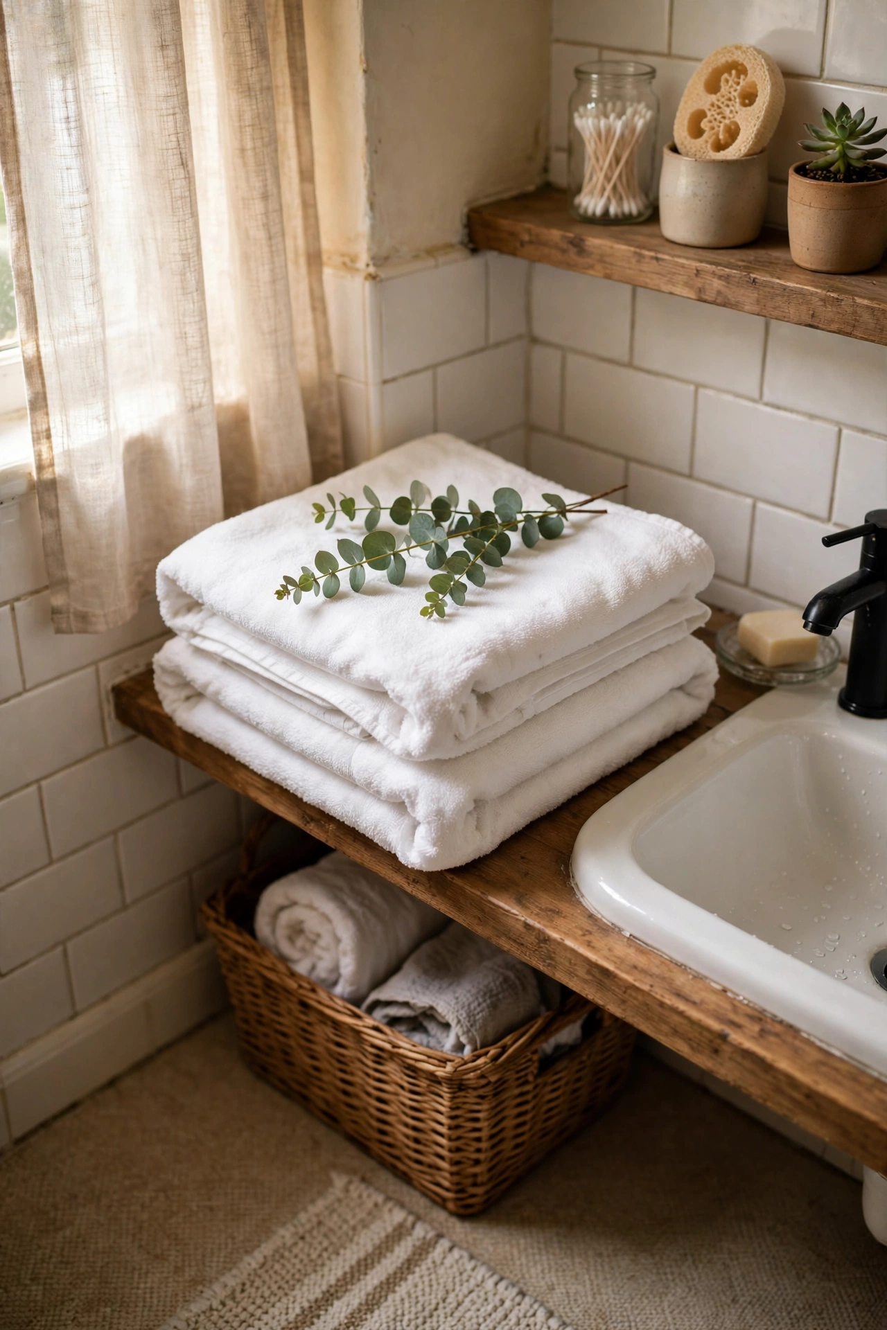 Folded White Towels With a Sprig of Eucalyptus in a cozy budget bathroom with soft natural light