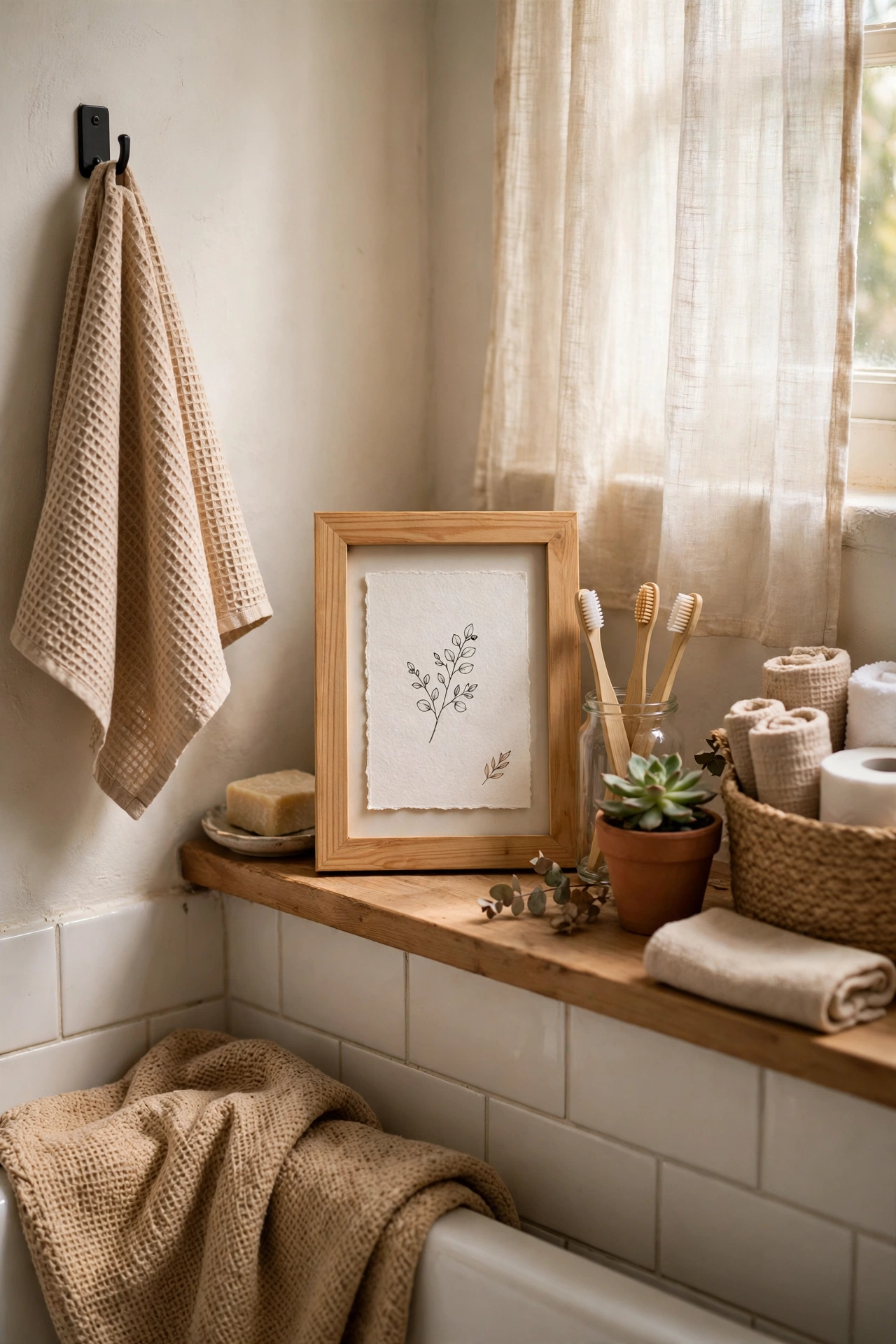 A Welcome Note on a Small Framed Card in a cozy budget bathroom with soft natural light