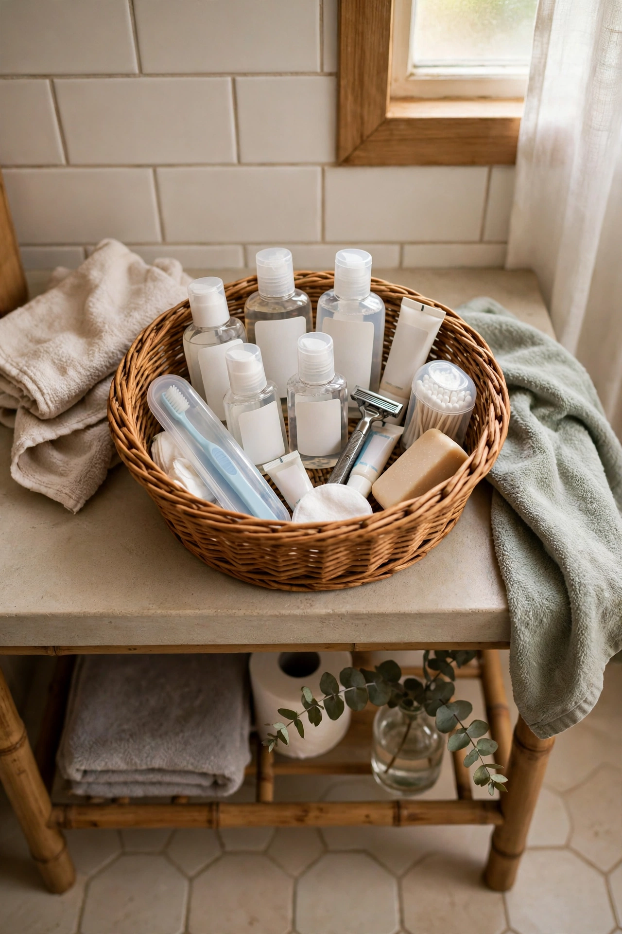 Travel-Size Toiletries in a Pretty Basket in a cozy budget bathroom with soft natural light
