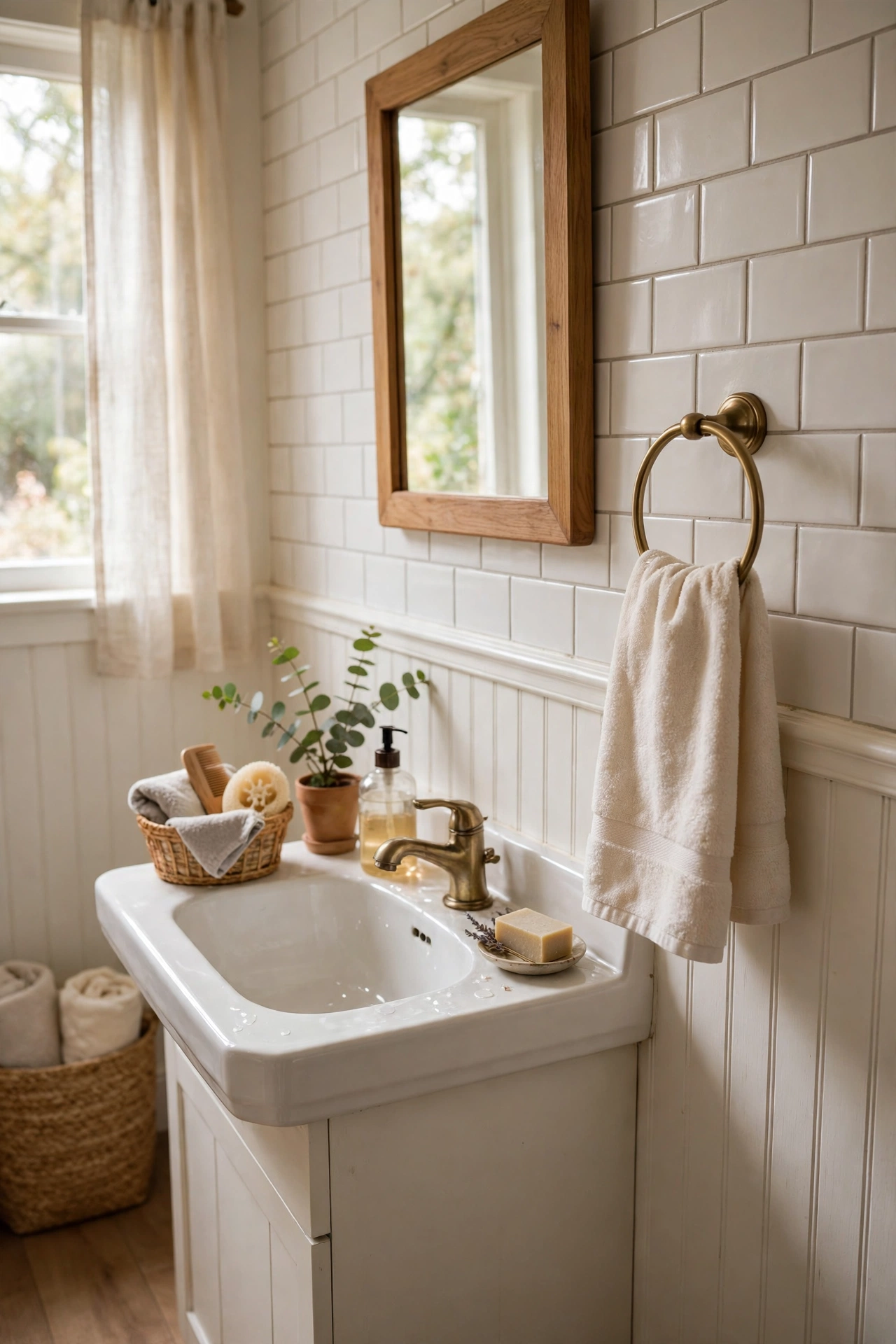 A Fresh Hand Towel Ring by the Sink in a cozy budget bathroom with soft natural light