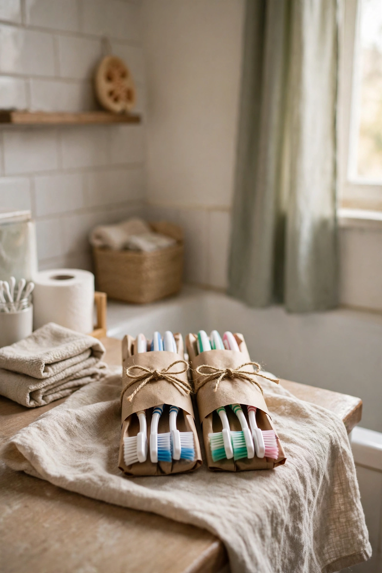 Spare Toothbrushes Wrapped and Ready in a cozy budget bathroom with soft natural light