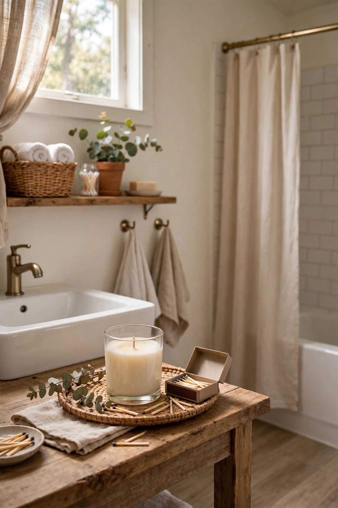 A Scented Candle Guests Can Light Themselves in a cozy budget bathroom with soft natural light