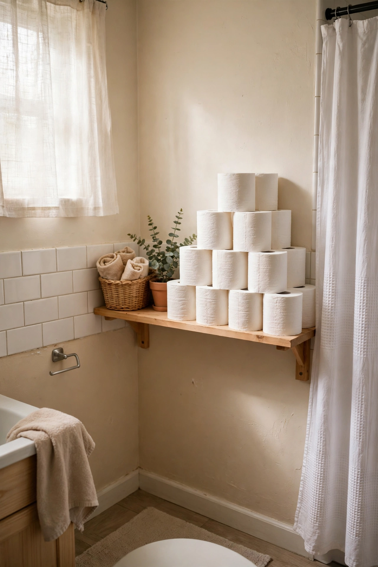 Extra Toilet Paper Rolled and Stacked Neatly in a cozy budget bathroom with soft natural light