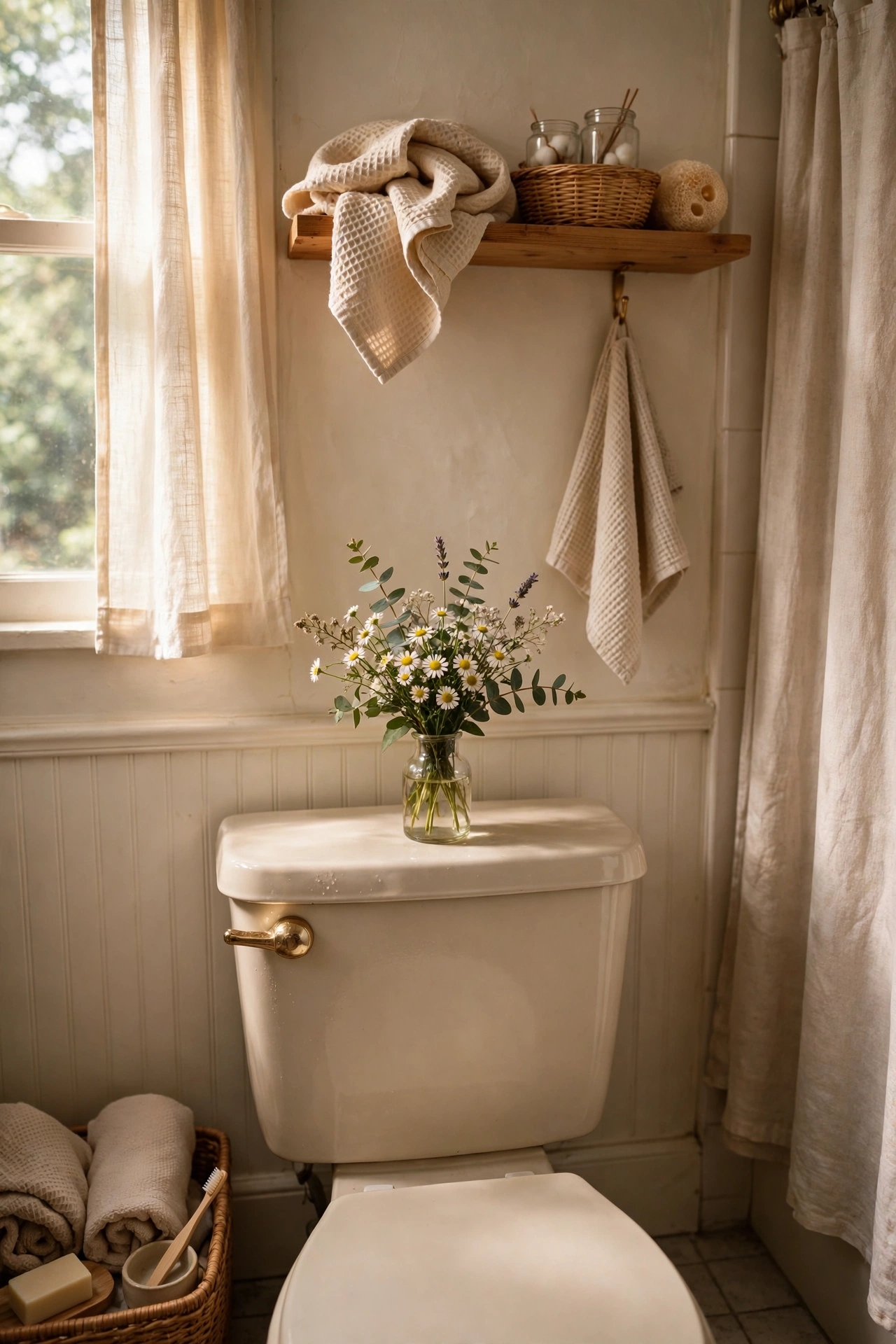 A Small Vase of Fresh Flowers on the Tank in a cozy budget bathroom with soft natural light