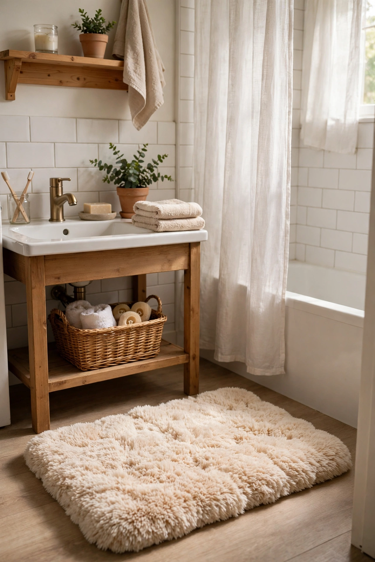 Plush Bath Mat Guests Will Notice Barefoot in a cozy budget bathroom with soft natural light