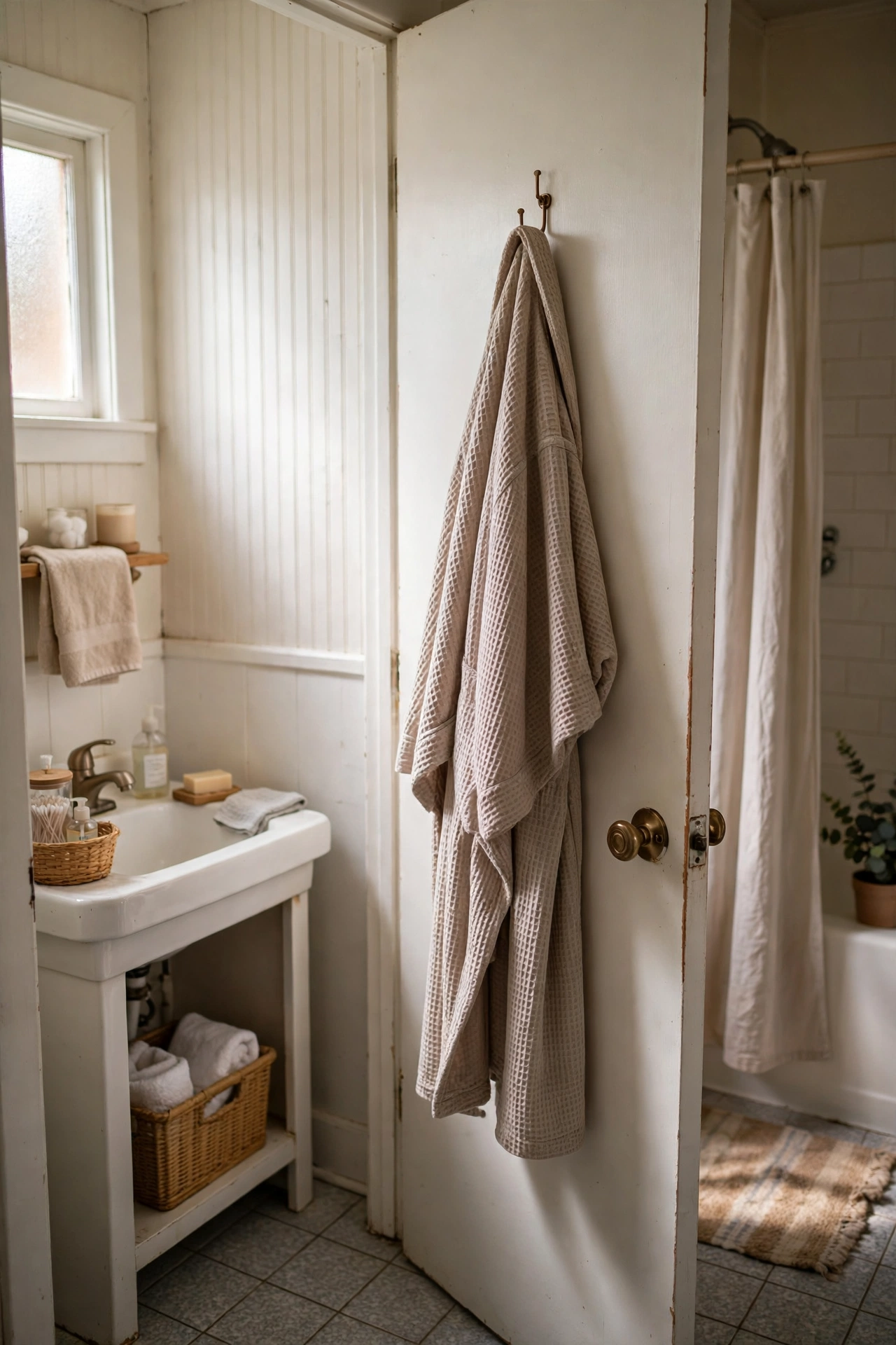 A Robe Hooked Behind the Door in a cozy budget bathroom with soft natural light