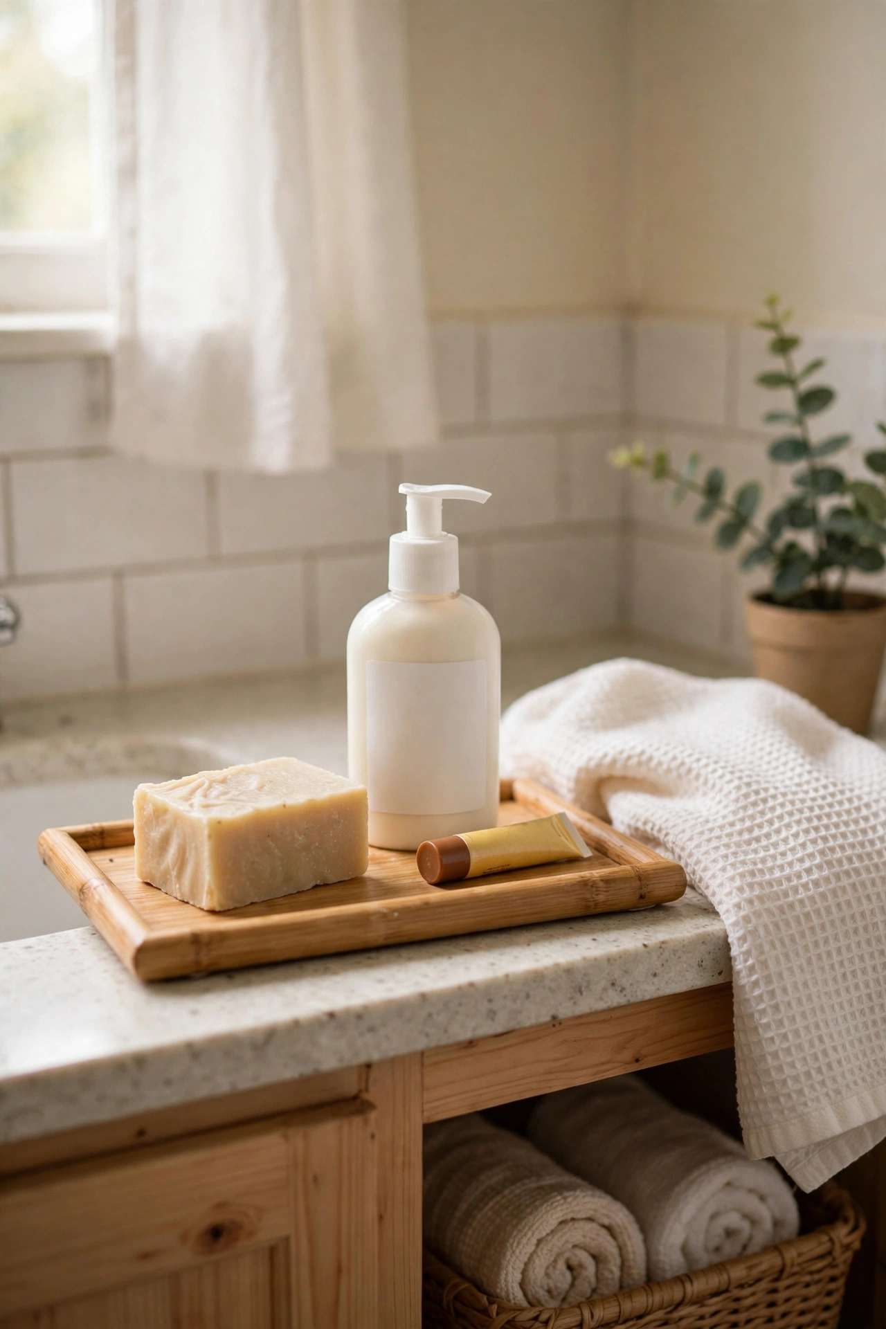A Tray With Soap, Lotion and Lip Balm in a cozy budget bathroom with soft natural light