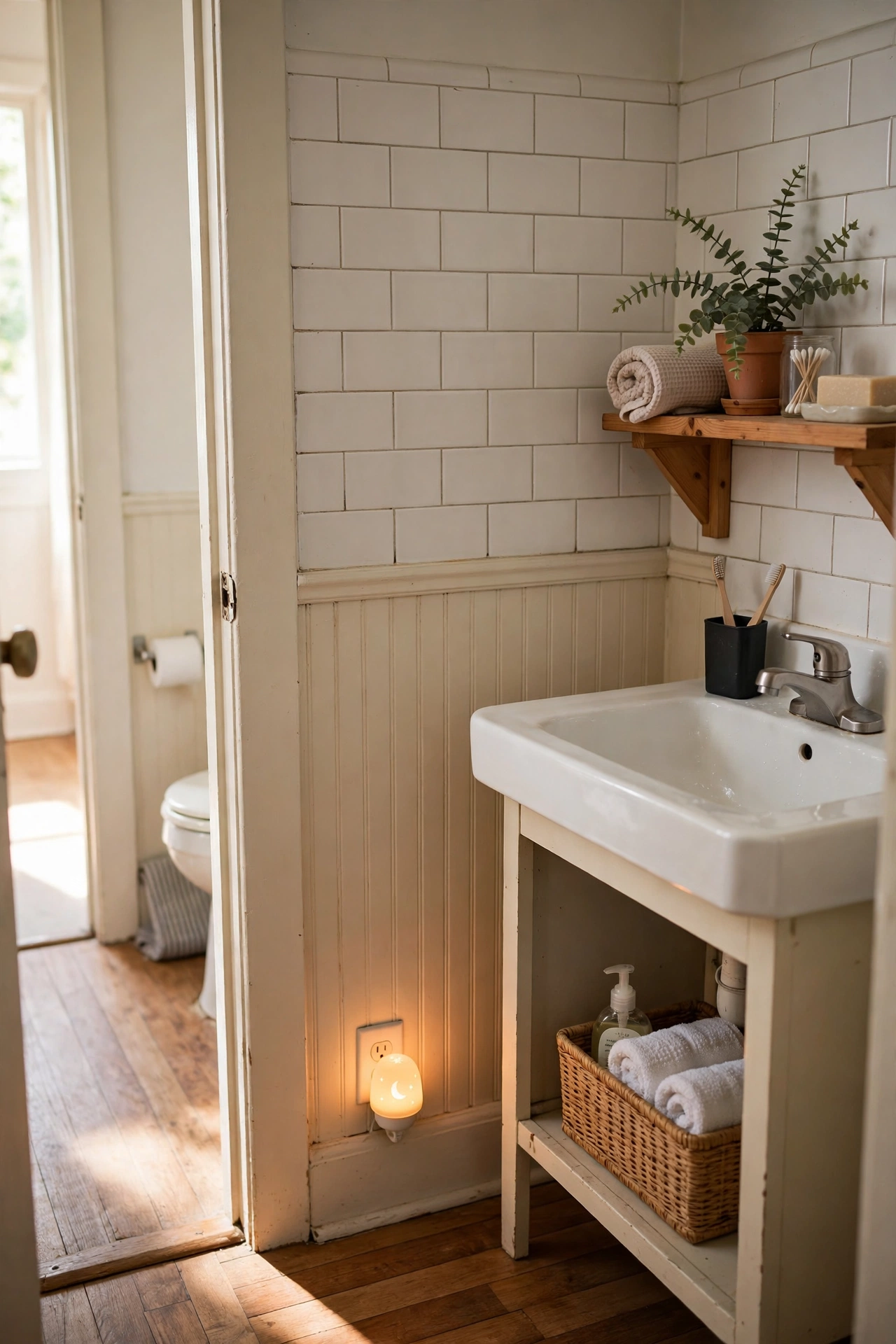 A Night-Light That Guides Late Visits in a cozy budget bathroom with soft natural light
