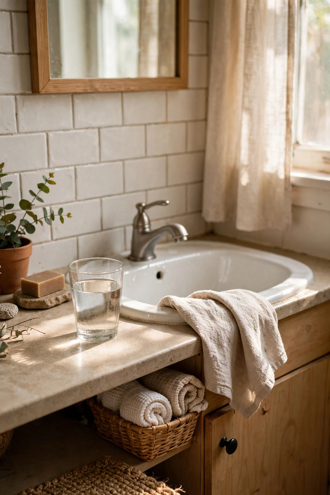 Clear Glass for Water by the Sink in a cozy budget bathroom with soft natural light