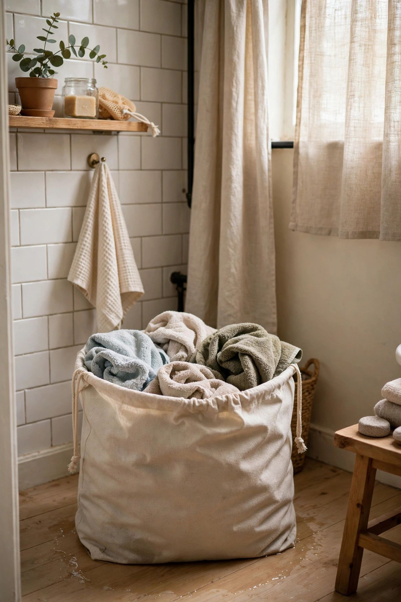 A Laundry Bag for Damp Towels in a cozy budget bathroom with soft natural light