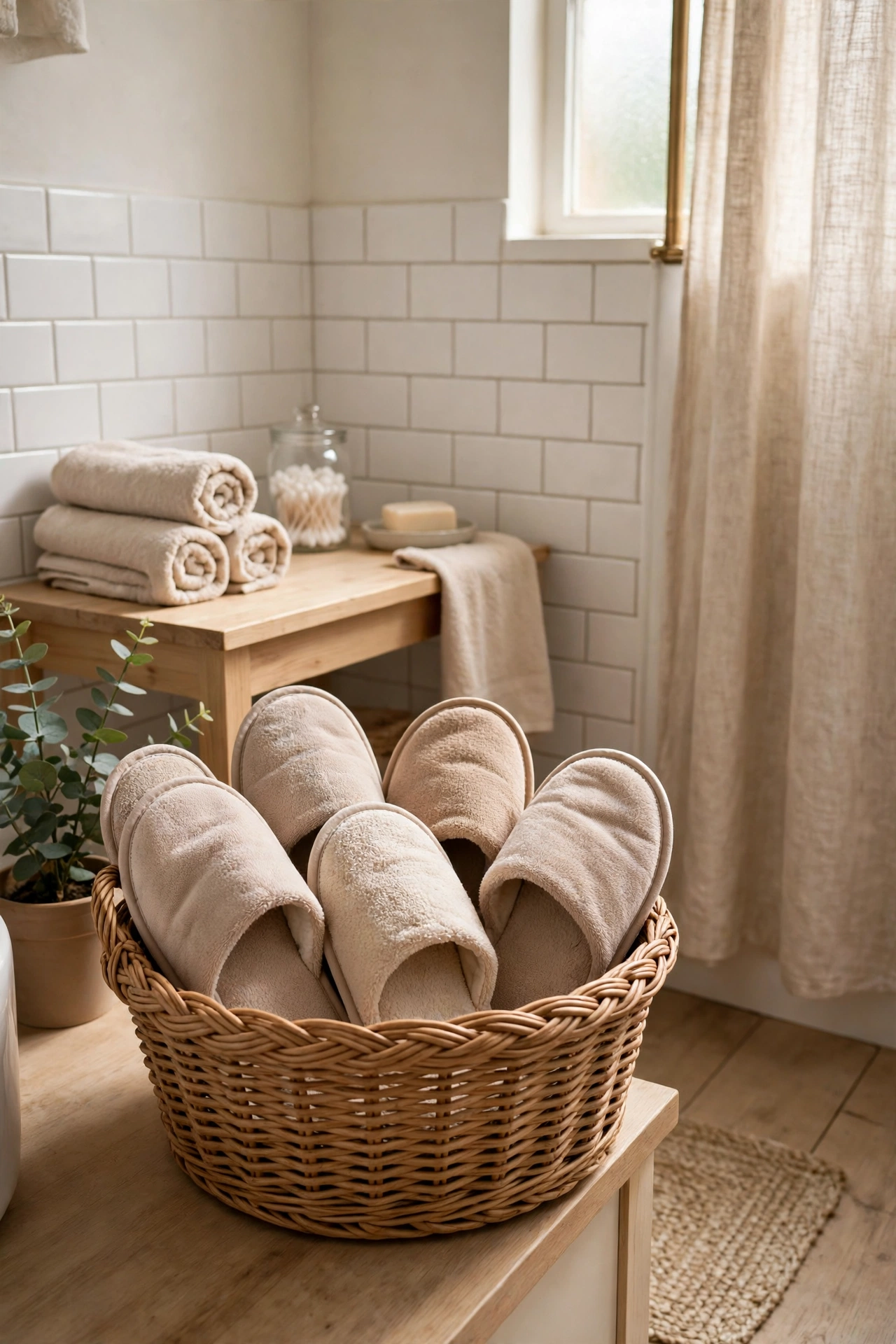 Guest Slippers in a Woven Basket in a cozy budget bathroom with soft natural light
