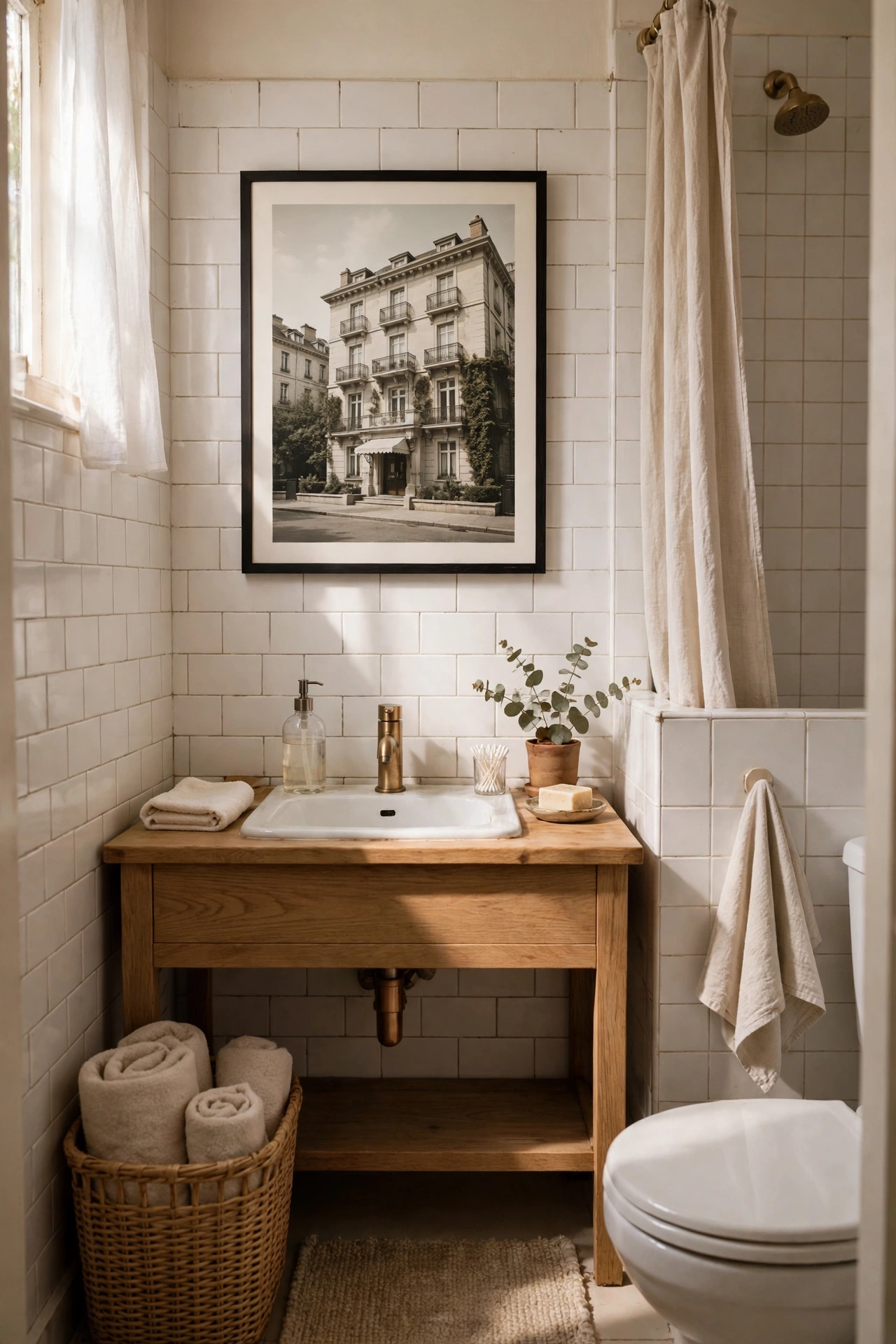 A Framed Print That Feels Like a Hotel in a cozy budget bathroom with soft natural light
