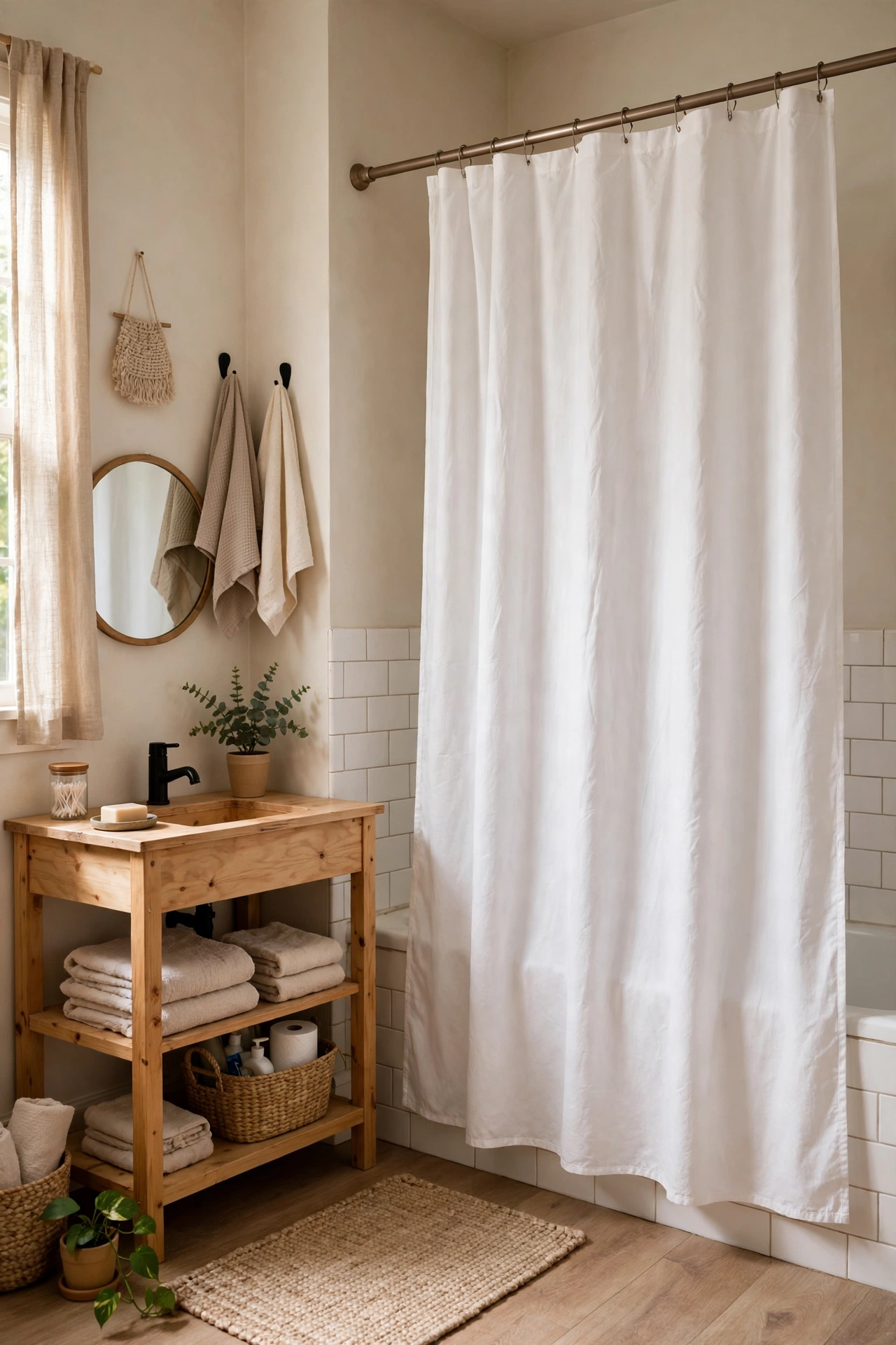 Fresh Shower Curtain in Crisp White in a cozy budget bathroom with soft natural light