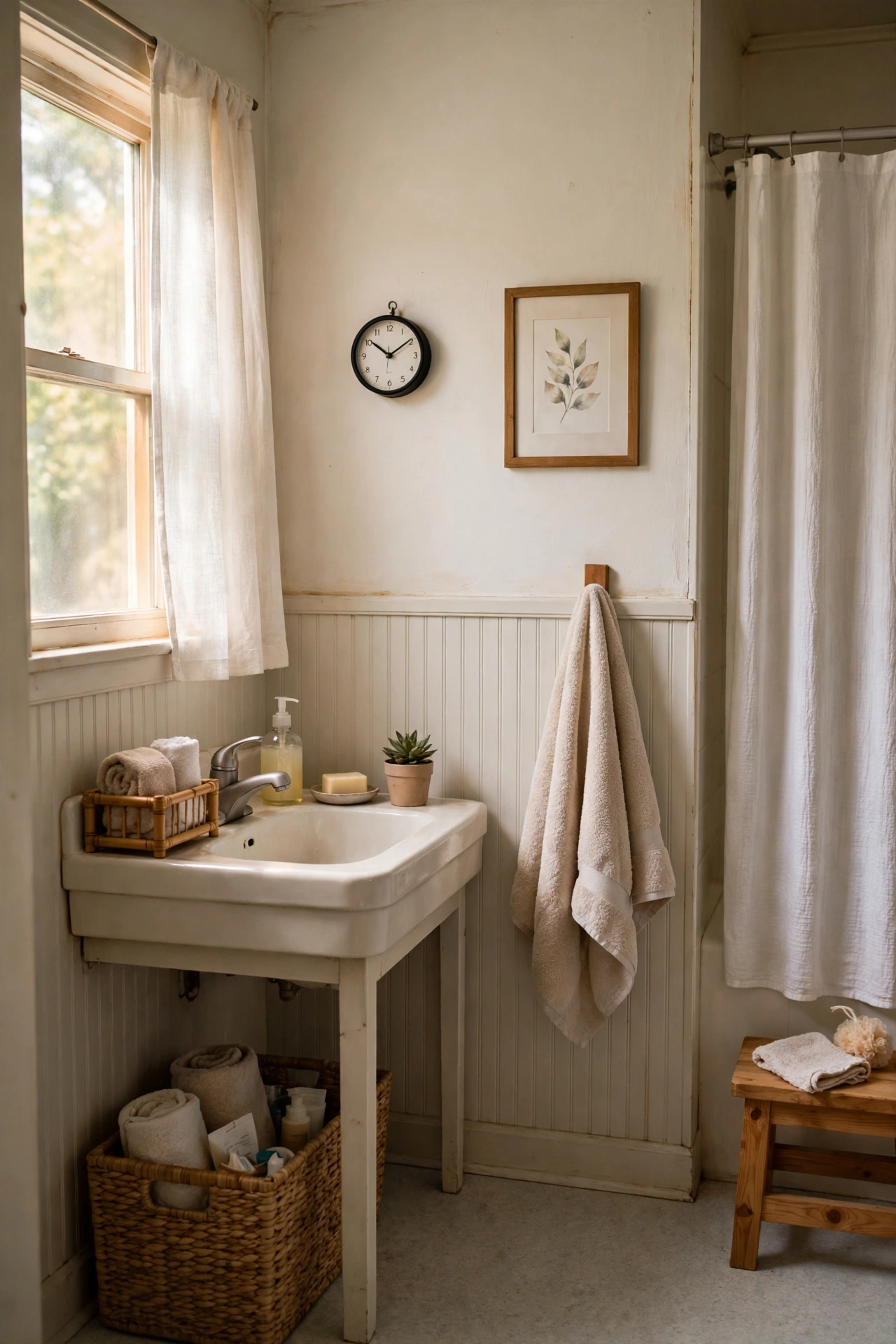 A Small Clock So Guests Never Rush Blind in a cozy budget bathroom with soft natural light