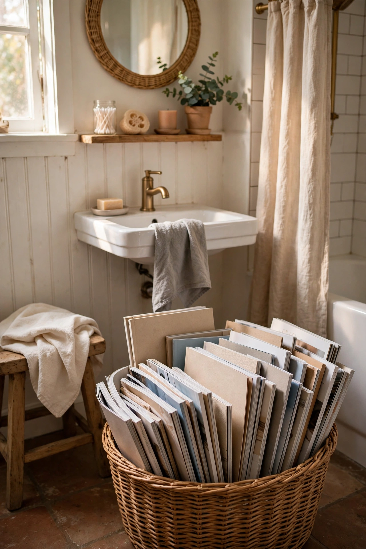 A Basket of Magazines for Slow Mornings in a cozy budget bathroom with soft natural light