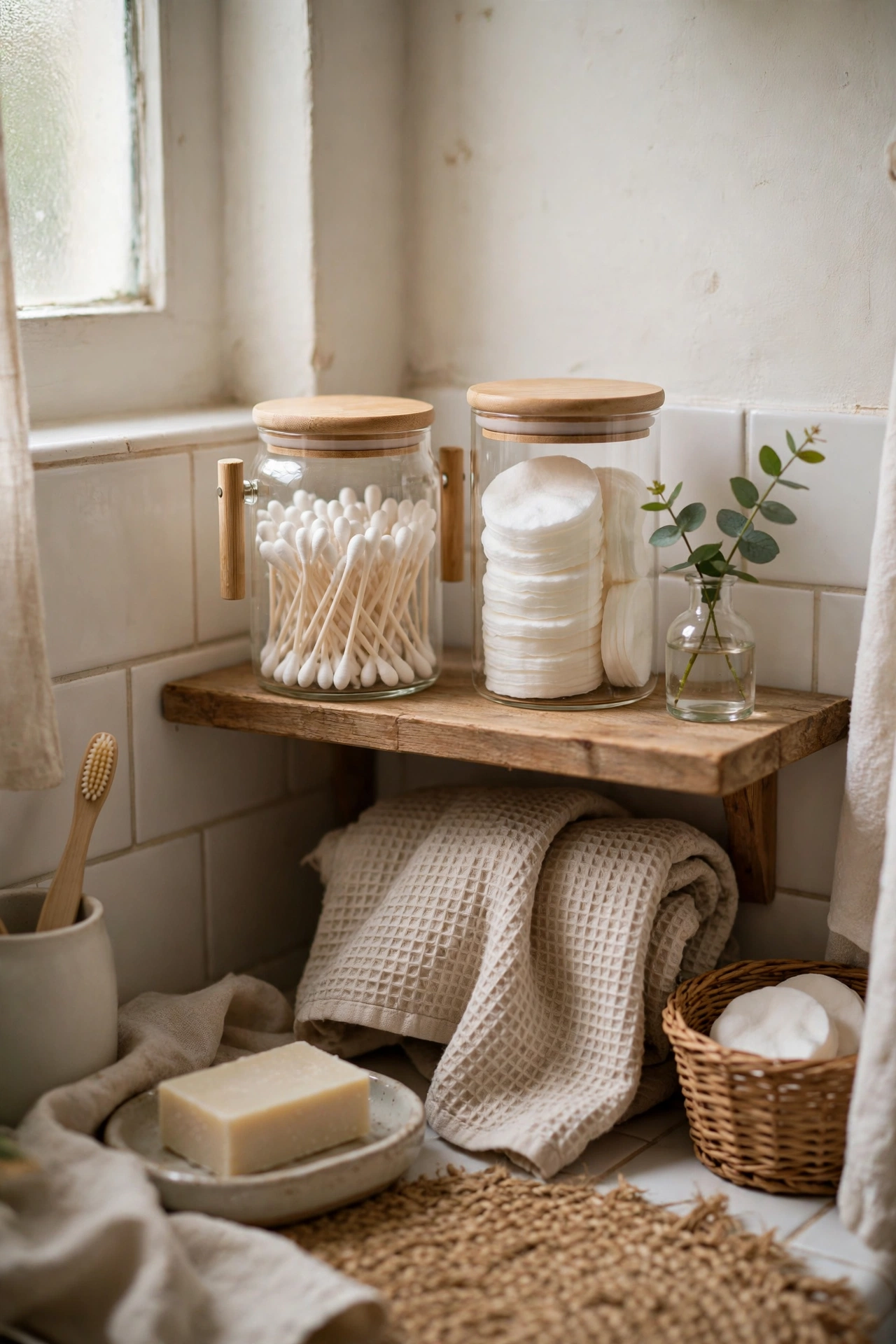 Cotton Buds and Pads in Glass Jars in a cozy budget bathroom with soft natural light