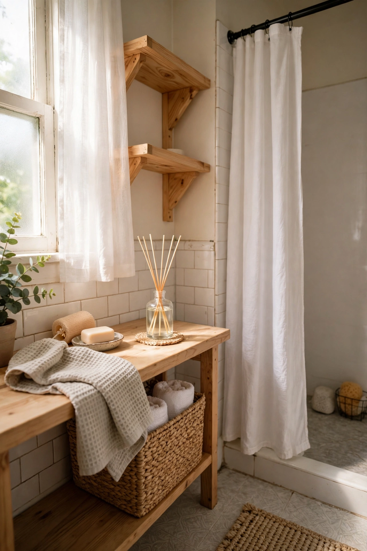 A Scent Diffuser That Never Overpowers in a cozy budget bathroom with soft natural light