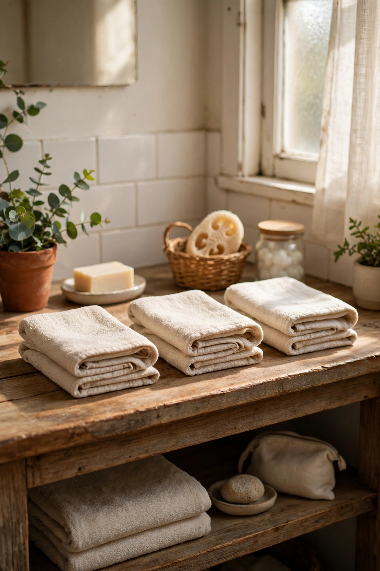 A Folded Washcloth for Every Guest in a cozy budget bathroom with soft natural light