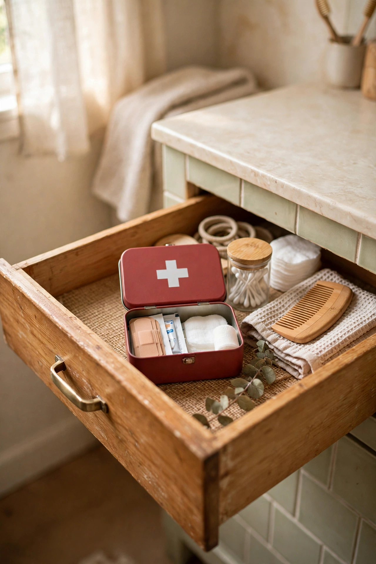 A Mini First-Aid Kit in the Vanity Drawer in a cozy budget bathroom with soft natural light