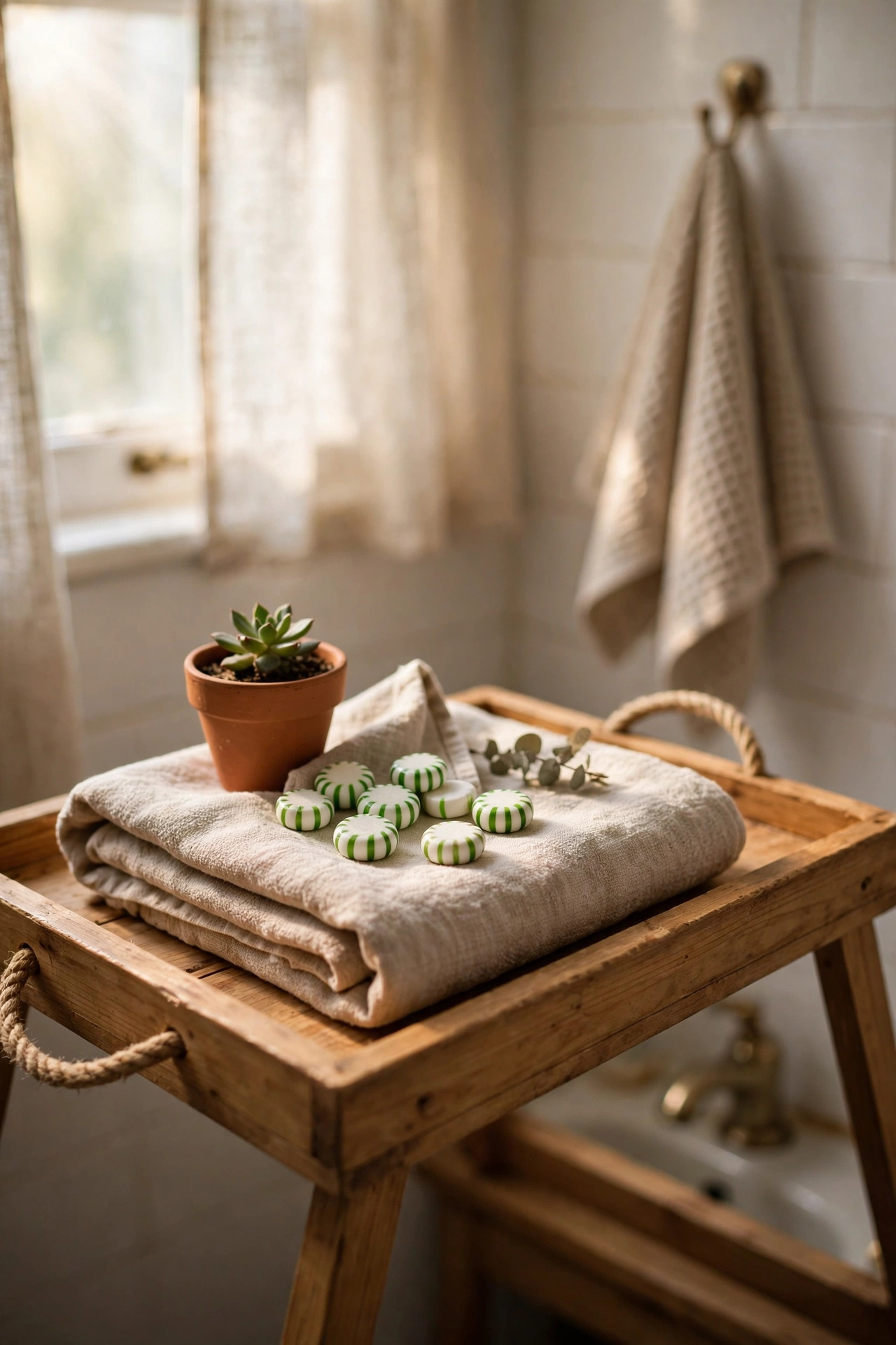 A Goodbye Touch: Mints on the Towel Tray in a cozy budget bathroom with soft natural light