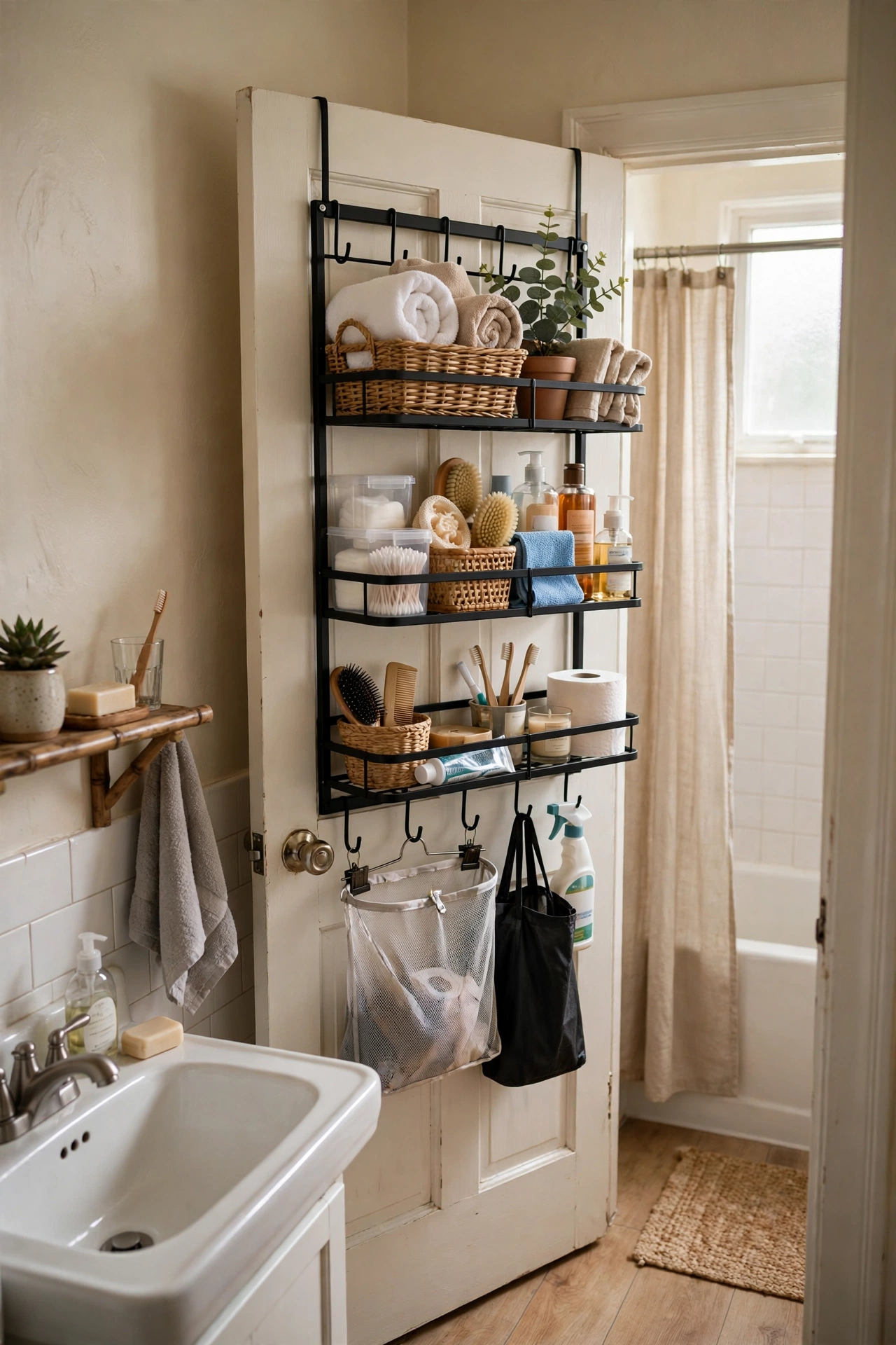 Over-Door Rack That Holds Everything in a cozy budget bathroom with soft natural light