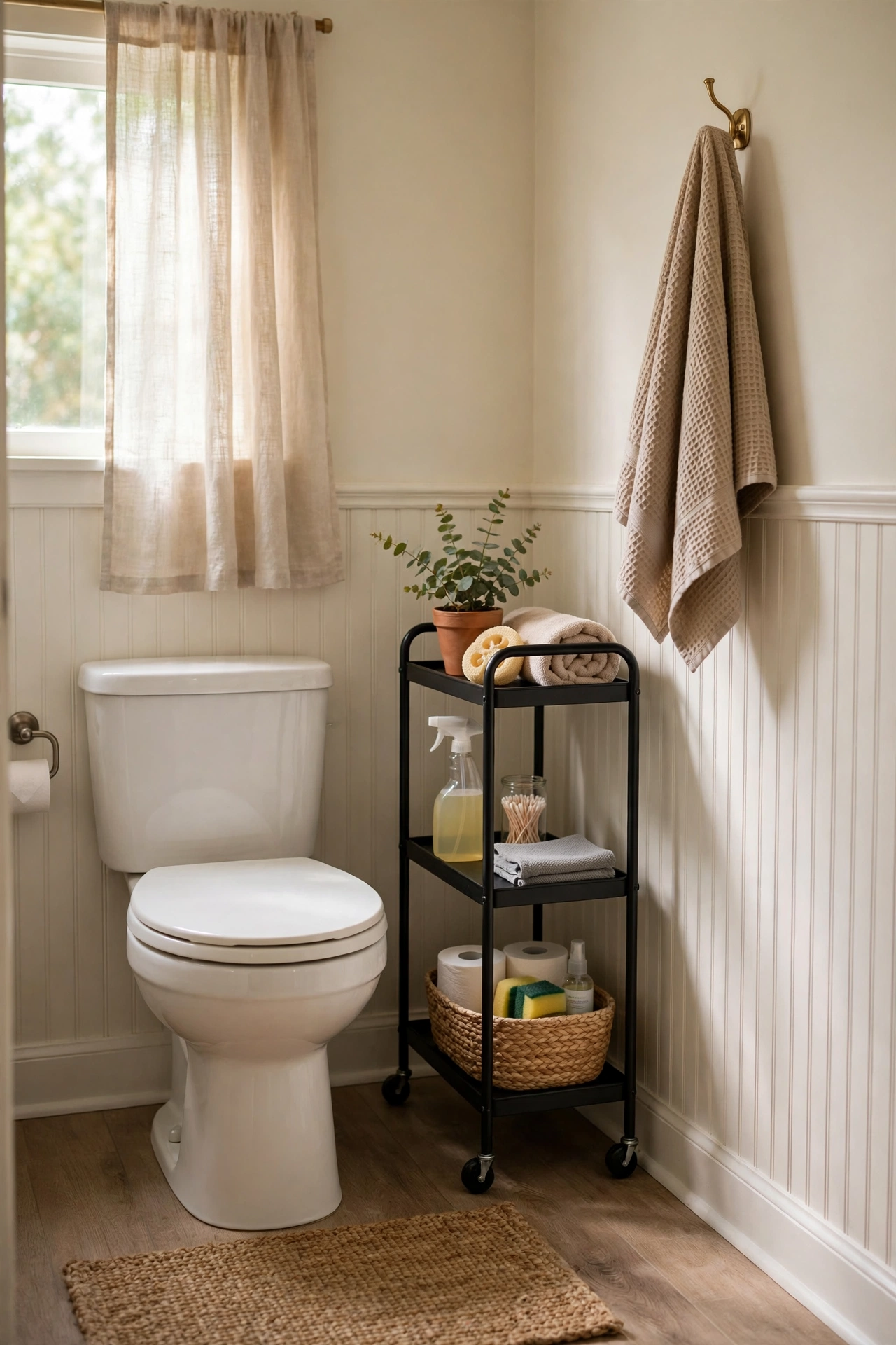 Slim Rolling Cart Between Toilet and Wall in a cozy budget bathroom with soft natural light