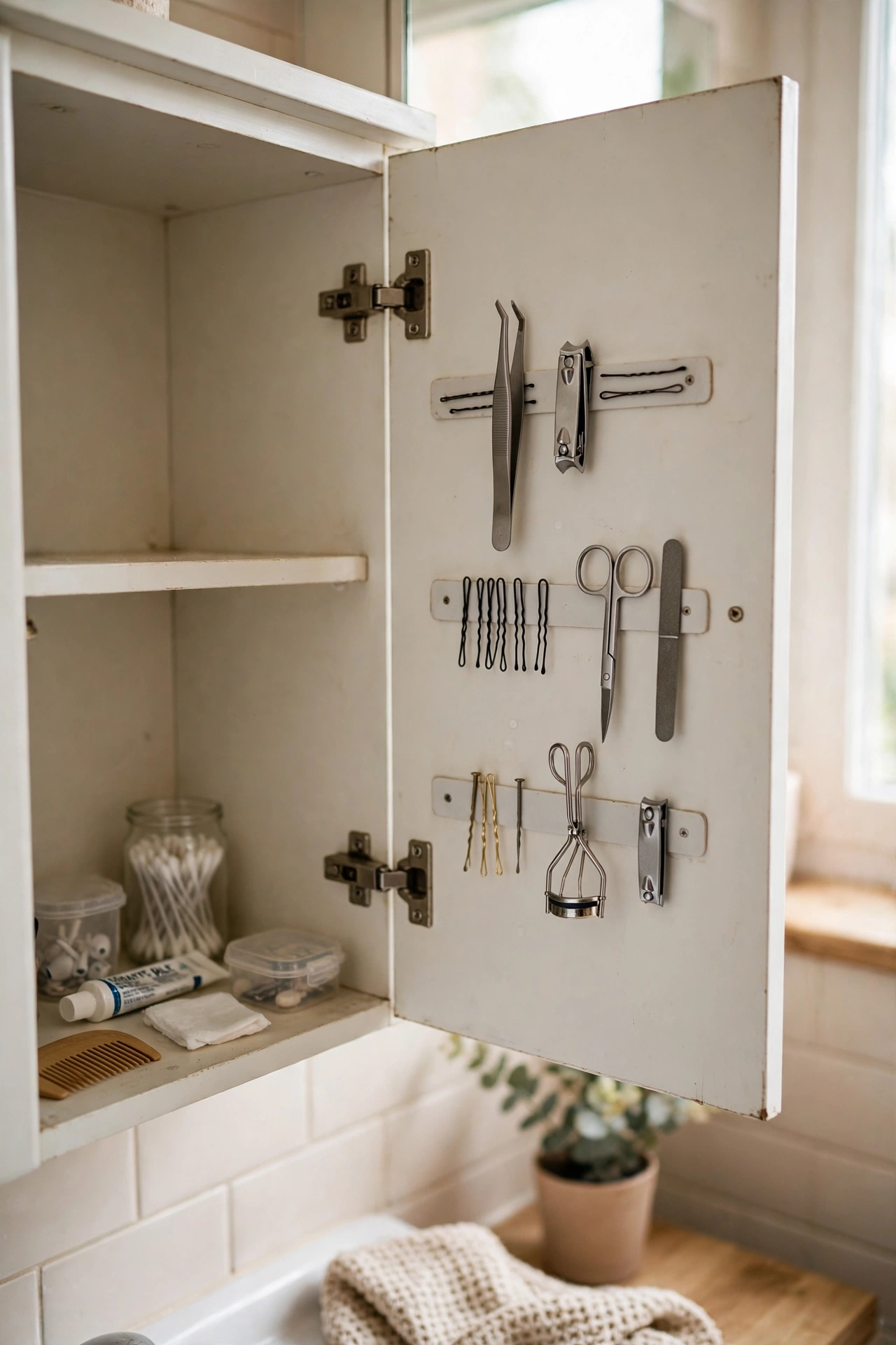 Magnetic Strips Inside the Medicine Cabinet in a cozy budget bathroom with soft natural light