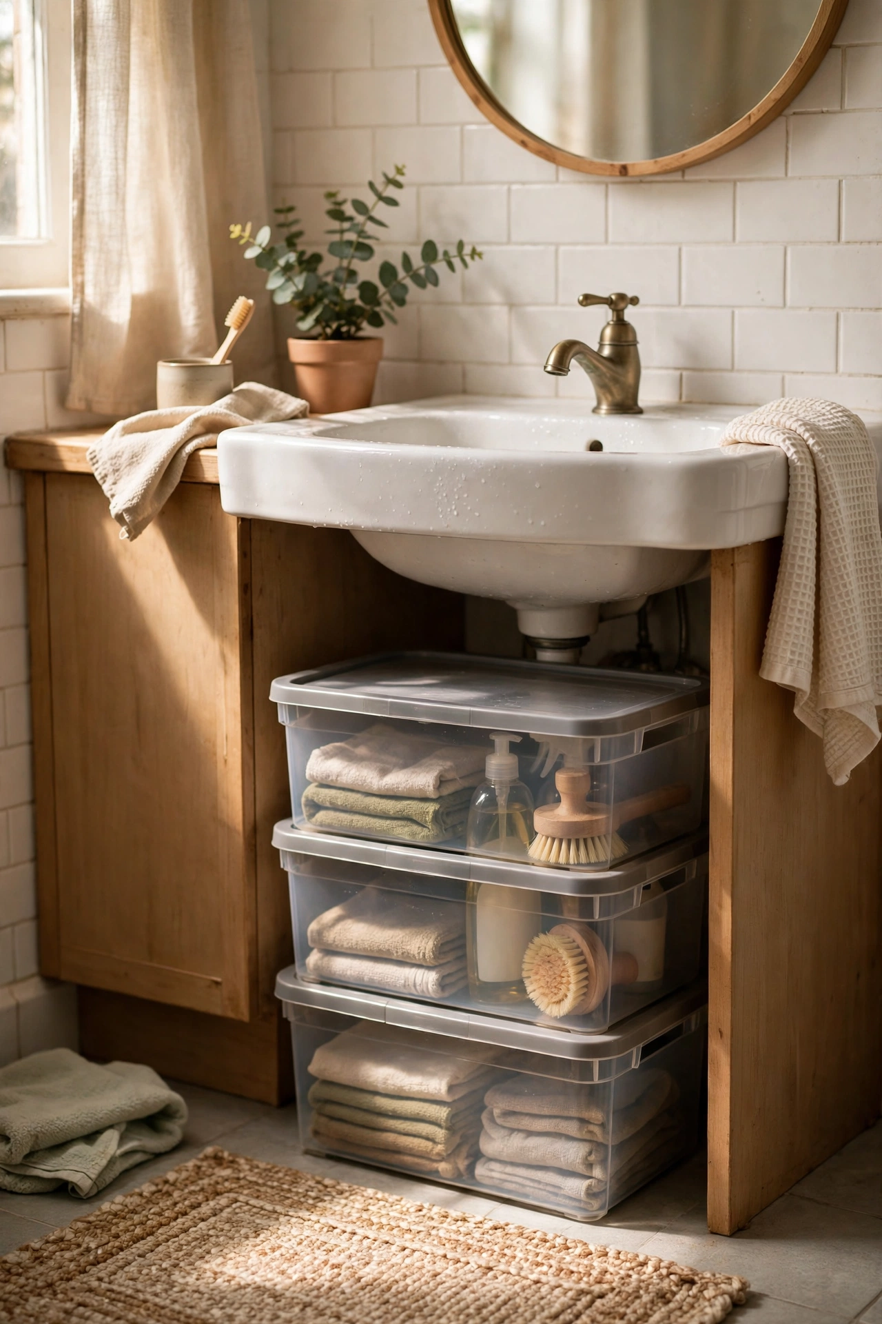 Stackable Bins Under the Sink in a cozy budget bathroom with soft natural light