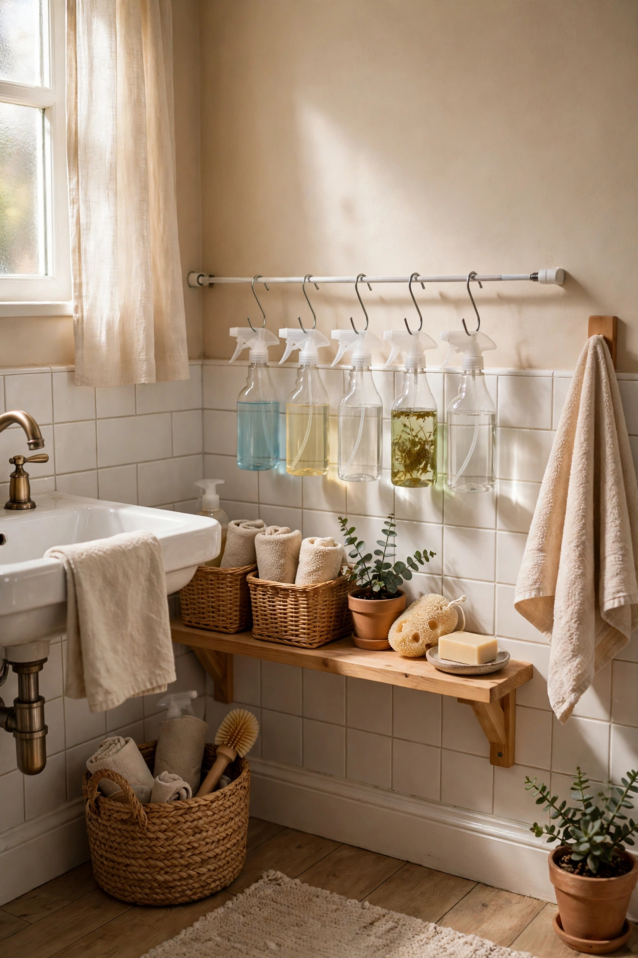 A Tension Rod for Spray Bottles in a cozy budget bathroom with soft natural light