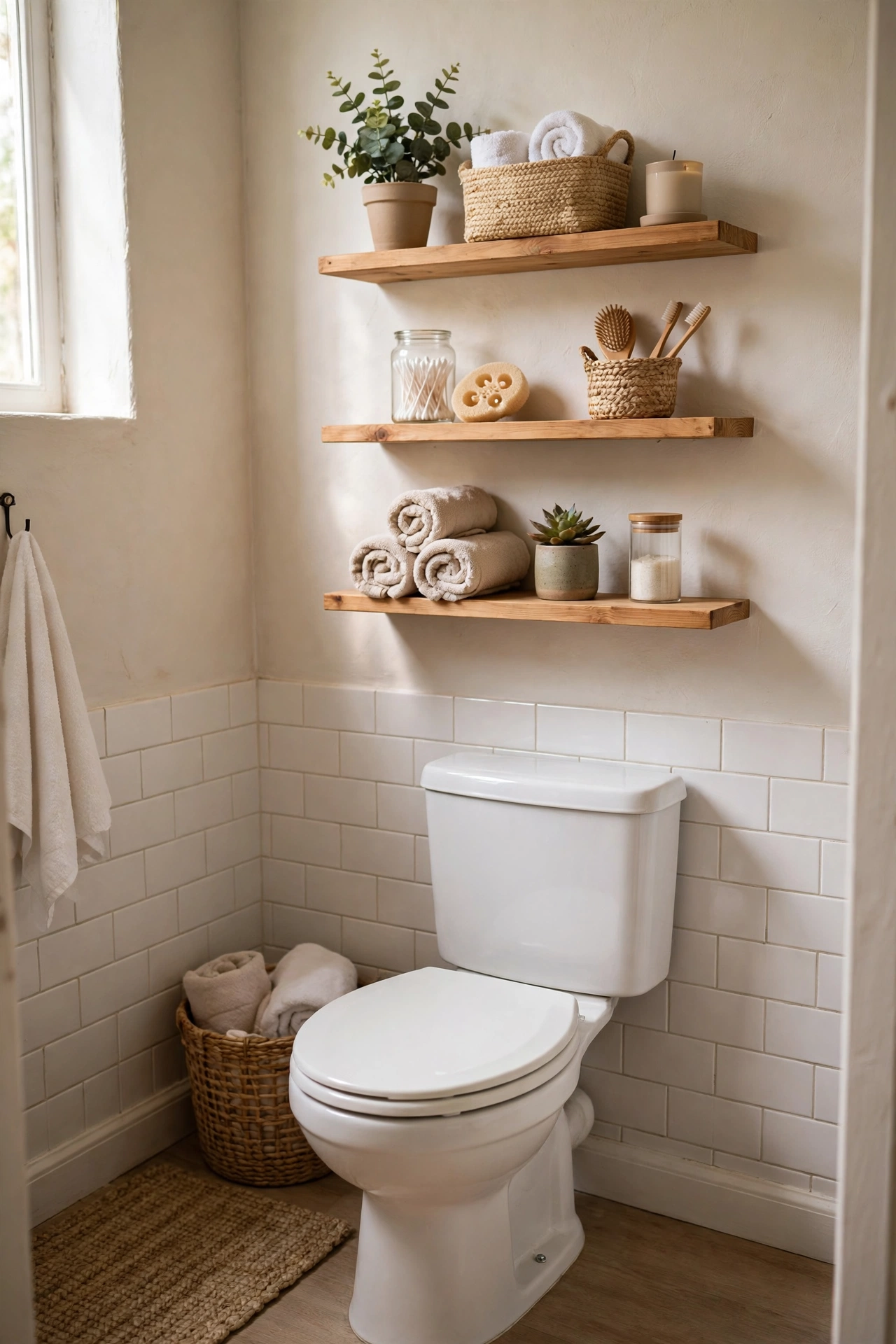 Floating Shelves Above the Toilet Tank in a cozy budget bathroom with soft natural light
