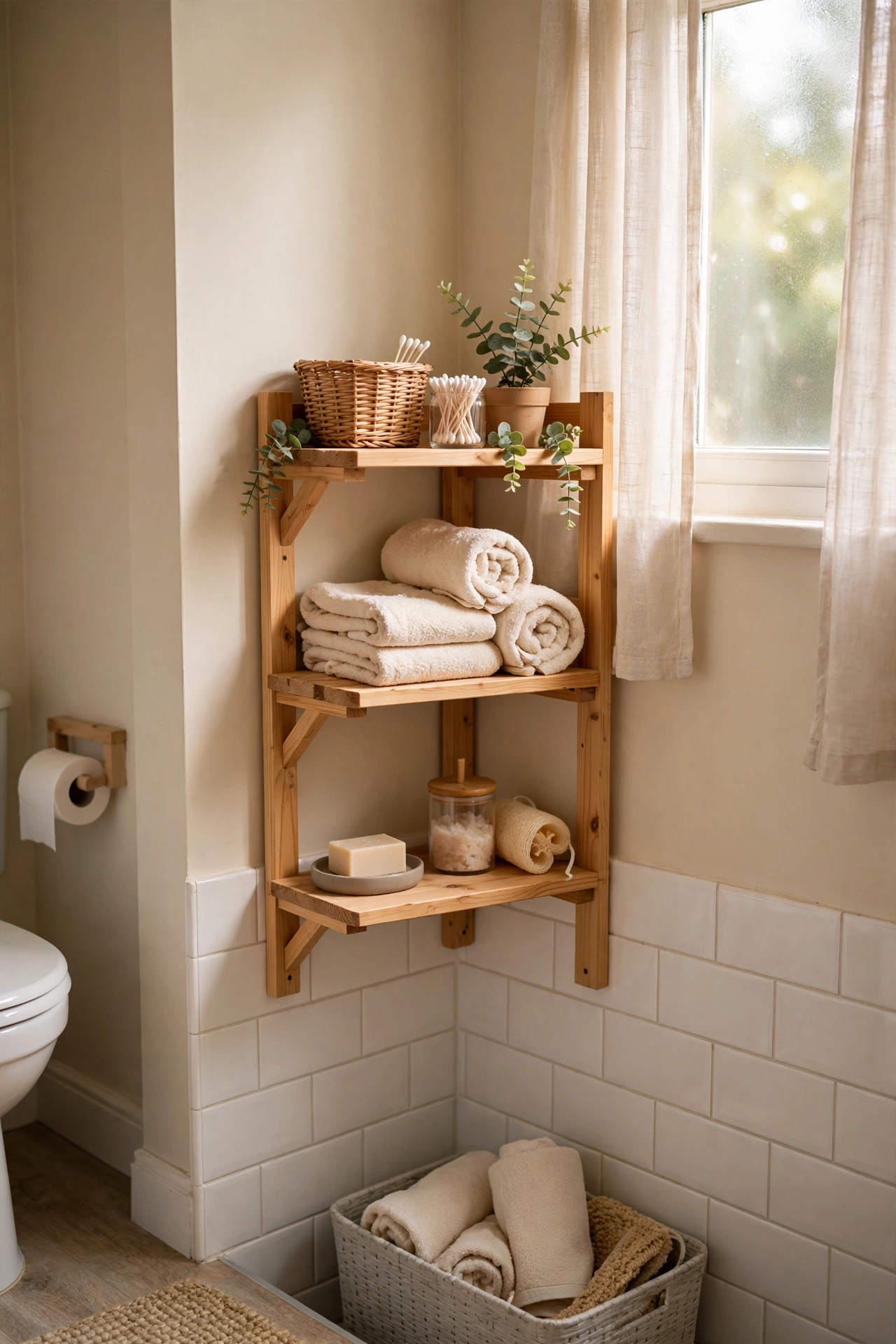 A Corner Shelf Unit for Dead Space in a cozy budget bathroom with soft natural light