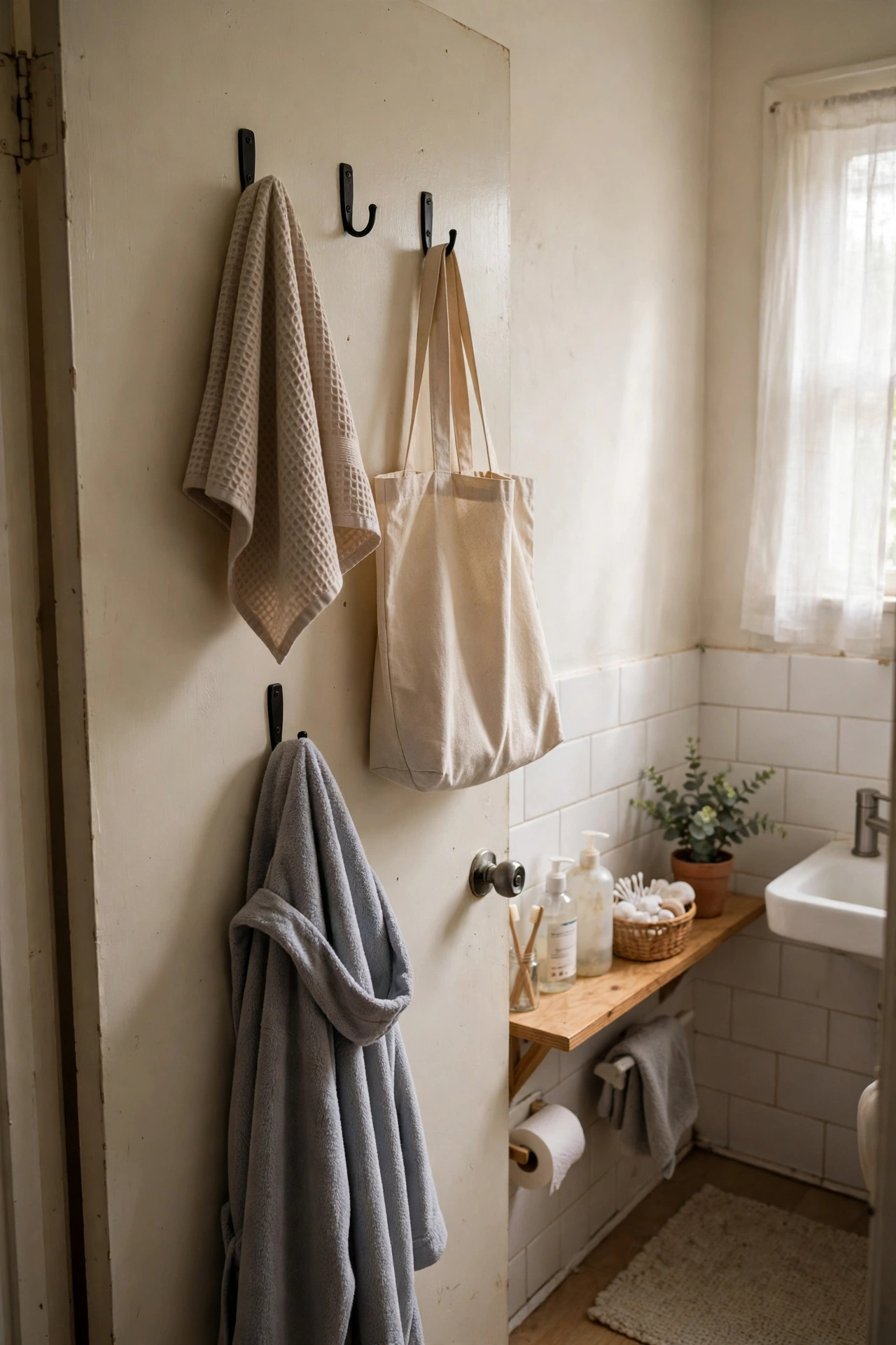 Hooks on the Back of the Door in a cozy budget bathroom with soft natural light