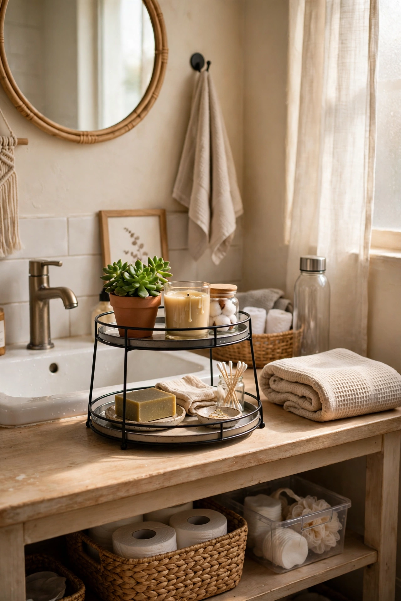 Tiered Tray on the Vanity Counter in a cozy budget bathroom with soft natural light