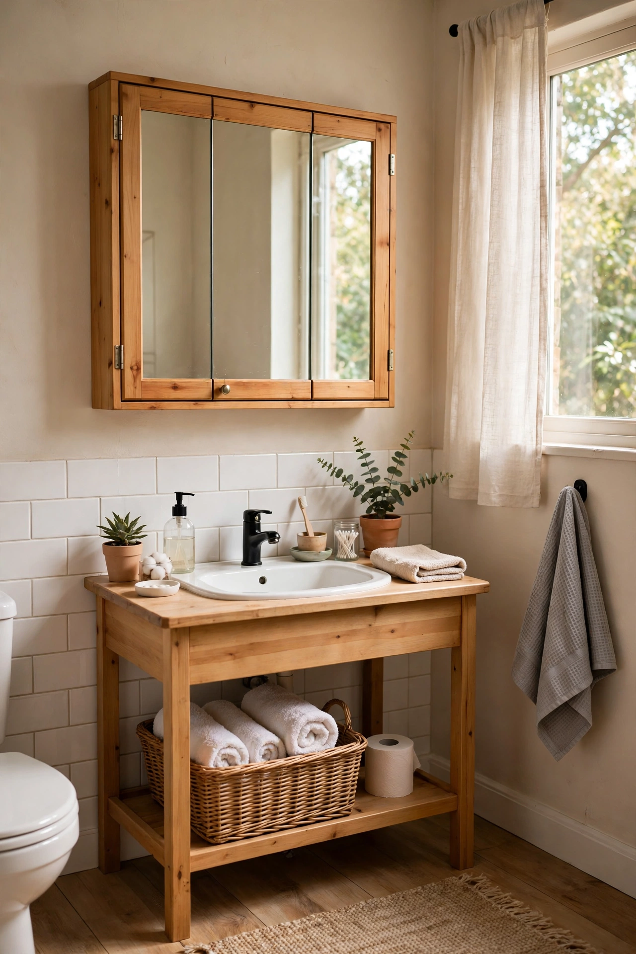 A Mirror Cabinet Instead of Flat Mirror in a cozy budget bathroom with soft natural light