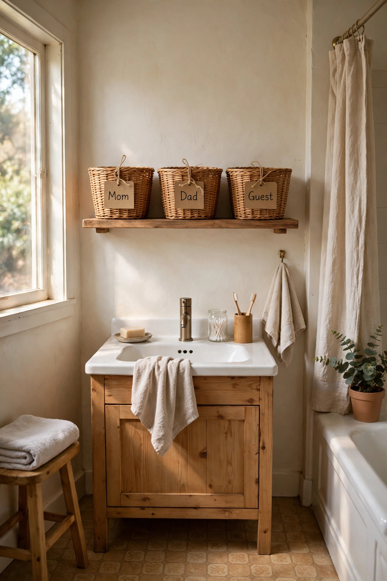 Baskets Labelled by Person or Job in a cozy budget bathroom with soft natural light
