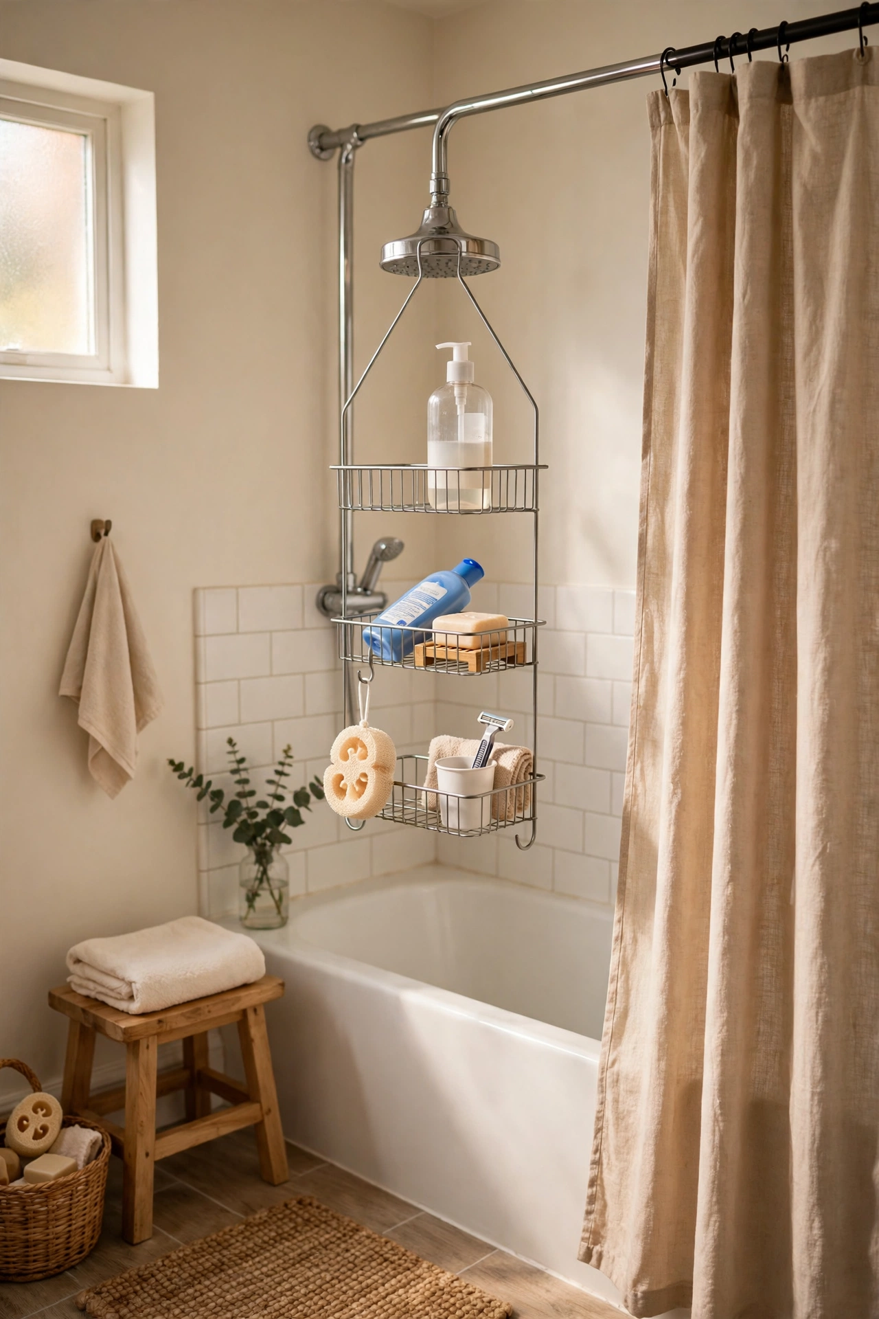 A Shower Caddy That Hangs Over the Head in a cozy budget bathroom with soft natural light