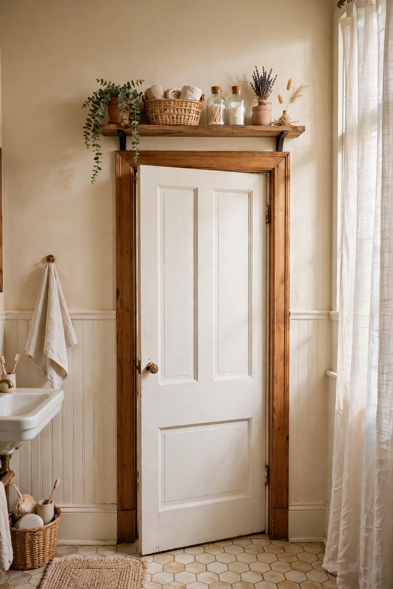 Narrow Shelving Over the Door Frame in a cozy budget bathroom with soft natural light