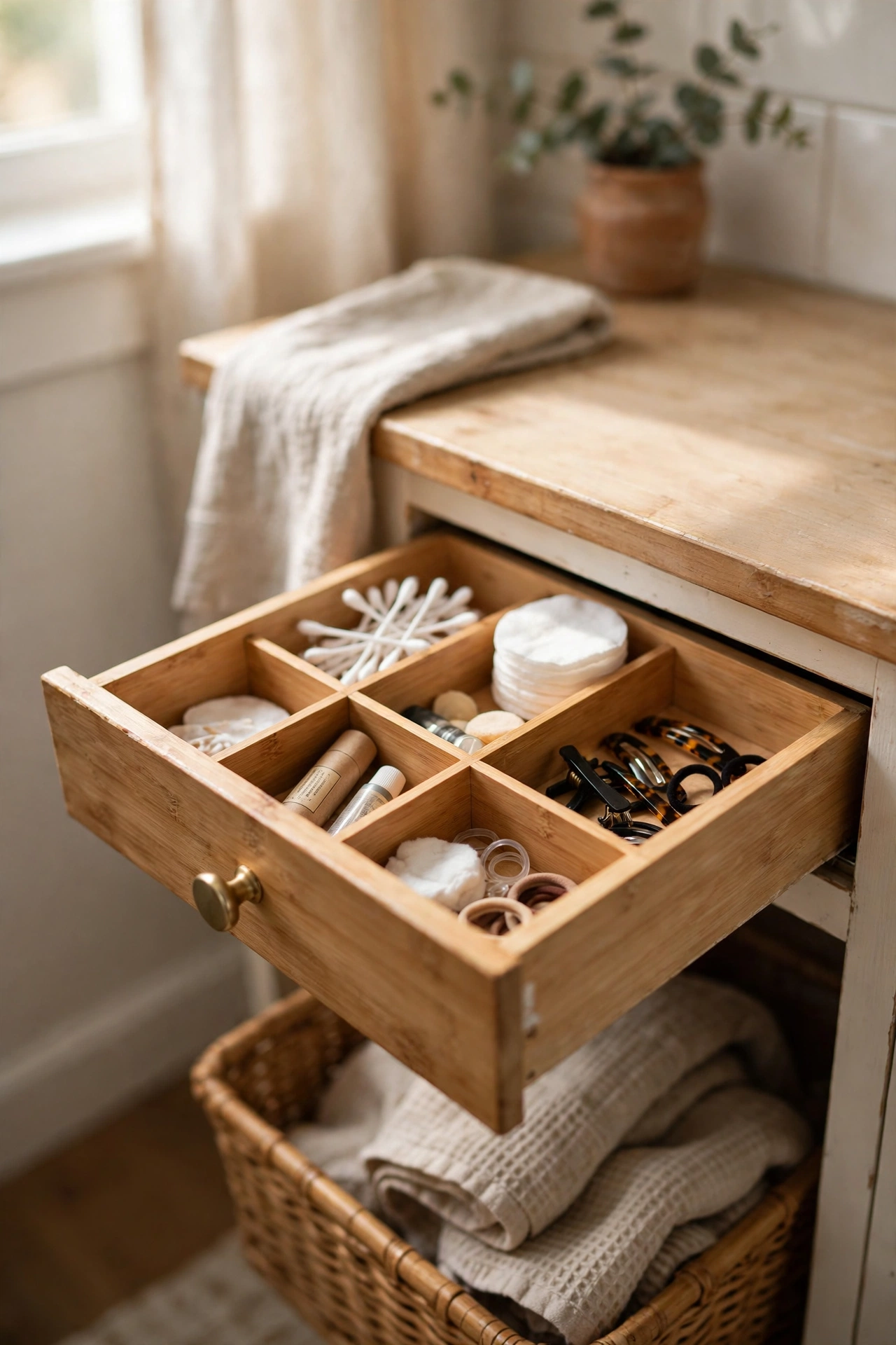 Drawer Dividers for Tiny Vanity Drawers in a cozy budget bathroom with soft natural light