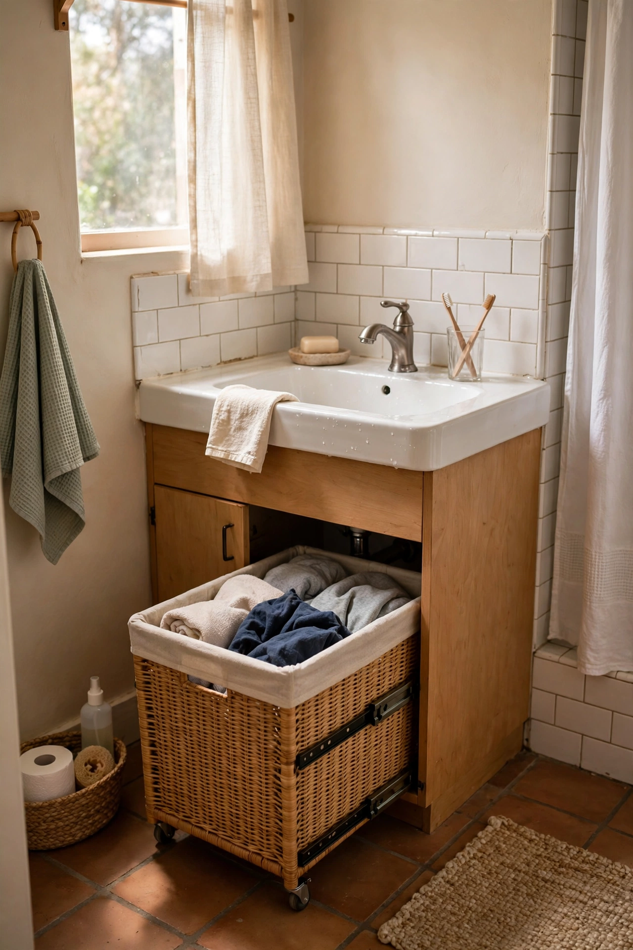A Laundry Hamper That Slides Under the Sink in a cozy budget bathroom with soft natural light