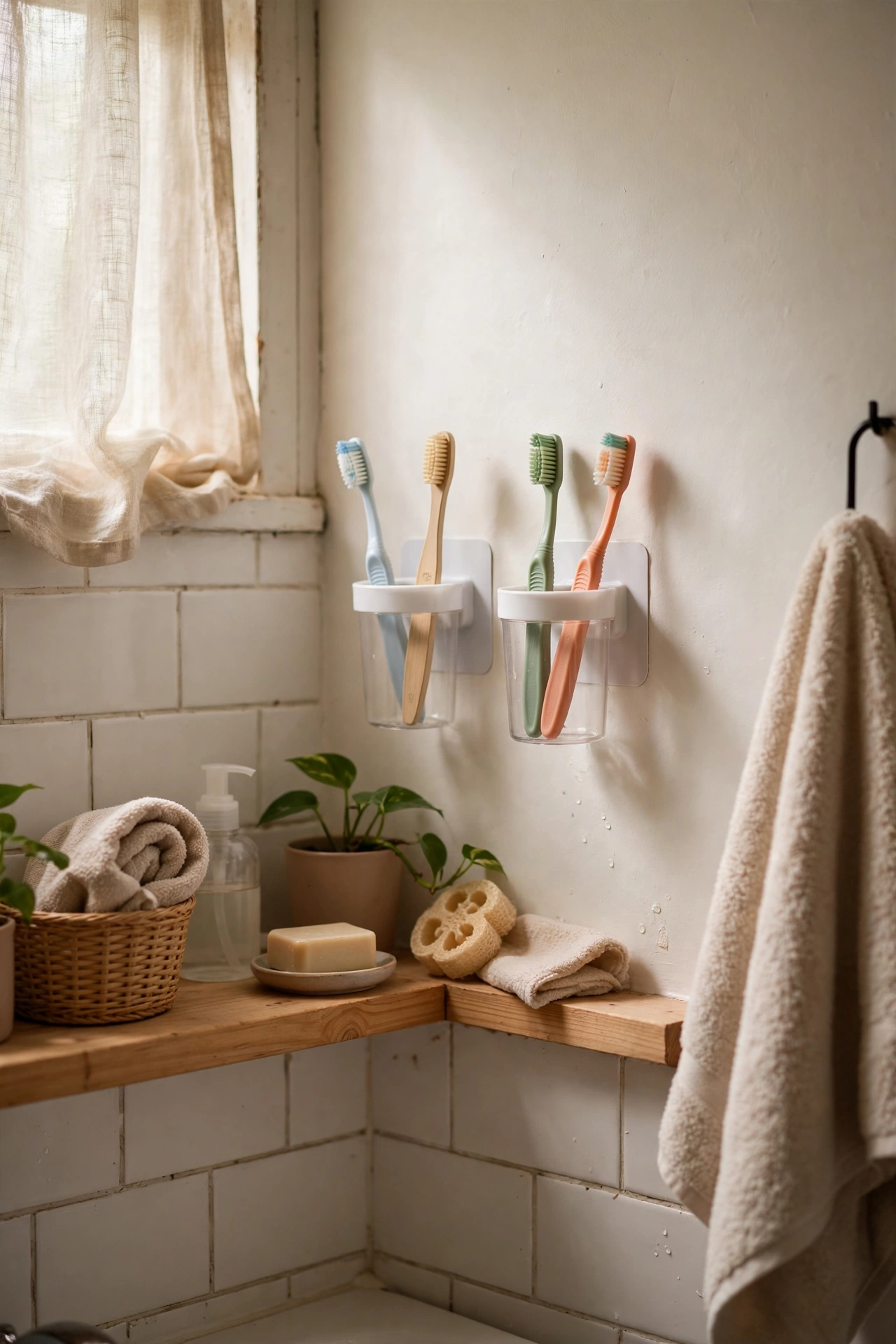 Wall-Mounted Toothbrush Holders in a cozy budget bathroom with soft natural light