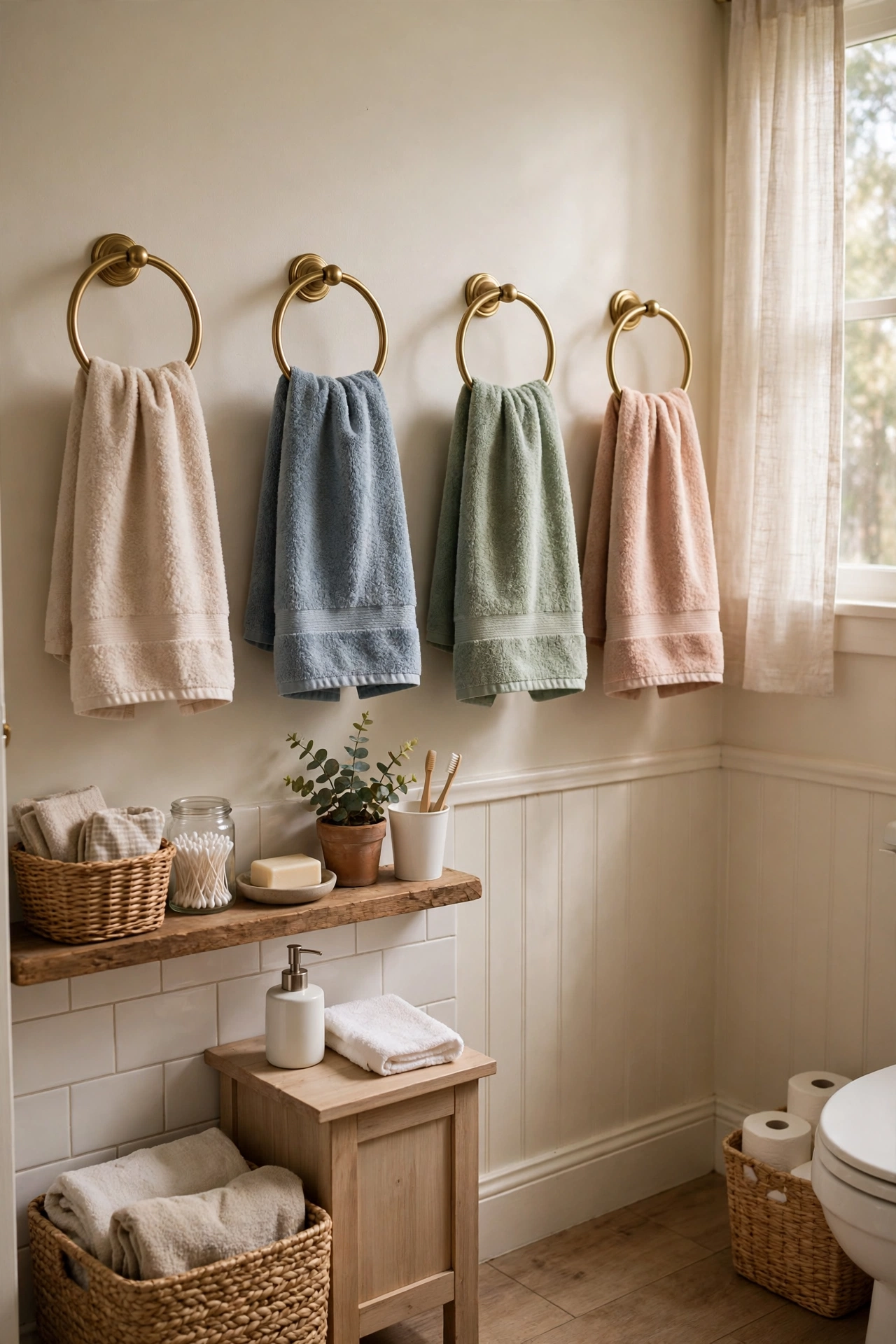A Towel Ring for Every Family Member in a cozy budget bathroom with soft natural light