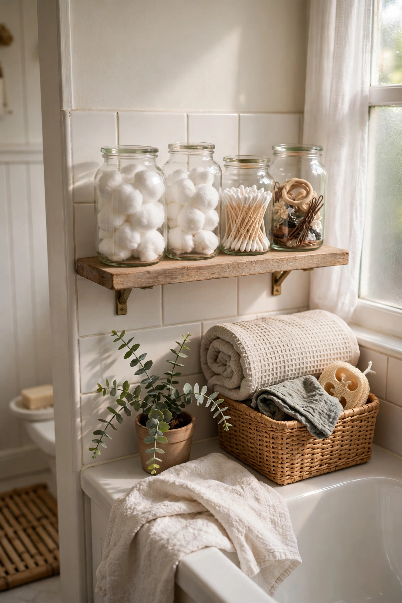 Clear Jars for Cotton and Small Essentials in a cozy budget bathroom with soft natural light