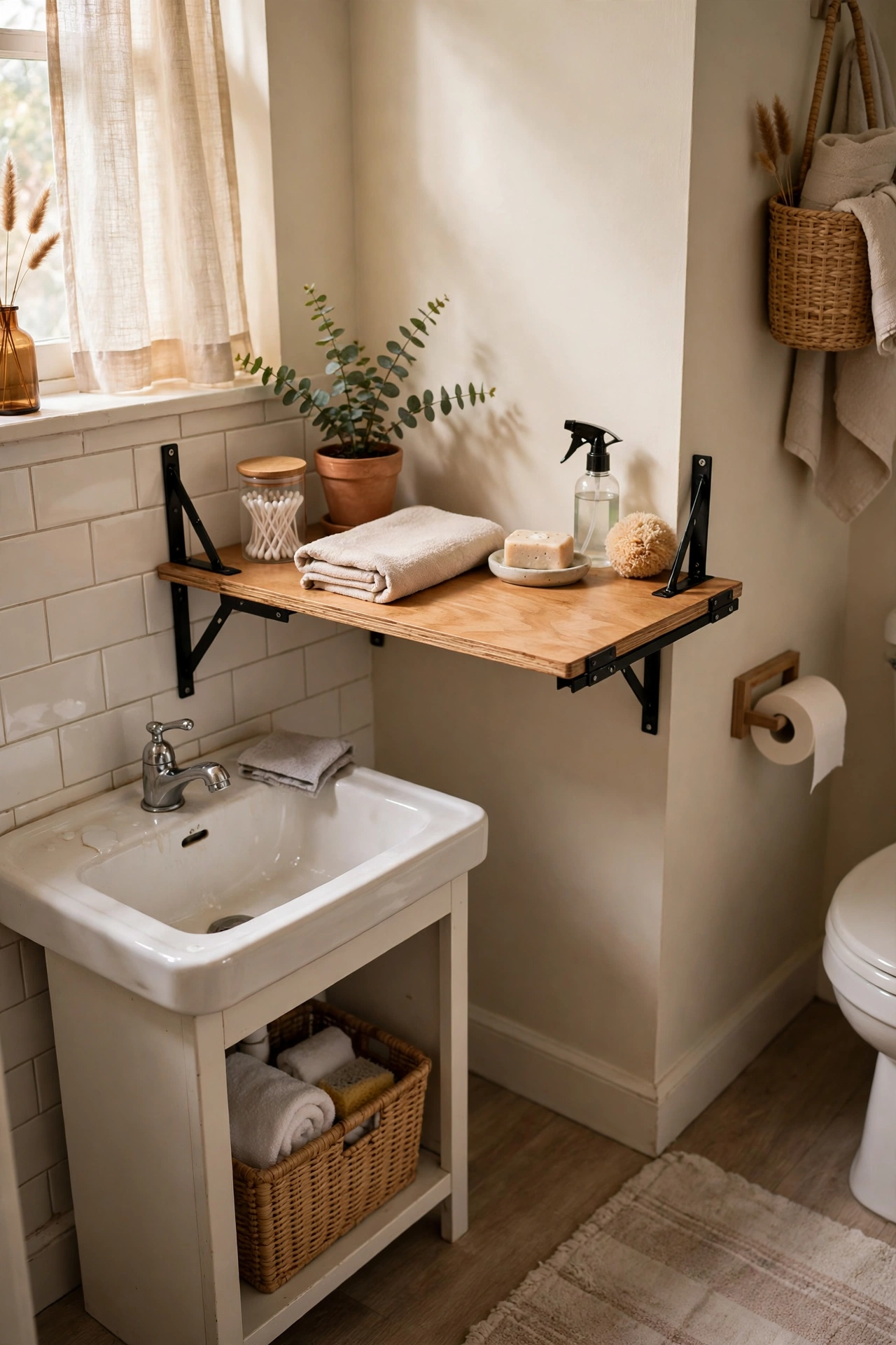 A Fold-Down Shelf for Extra Counter Space in a cozy budget bathroom with soft natural light