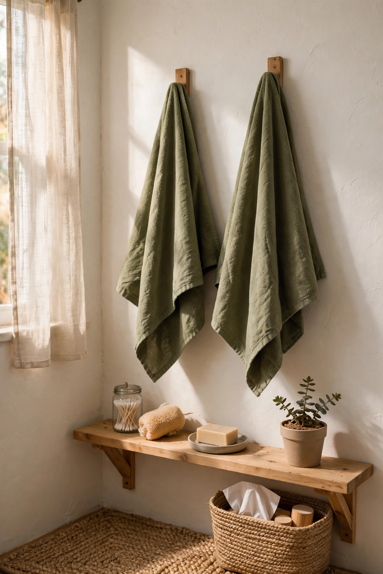 Olive Towels Against Warm White Walls in a cozy budget bathroom with soft natural light